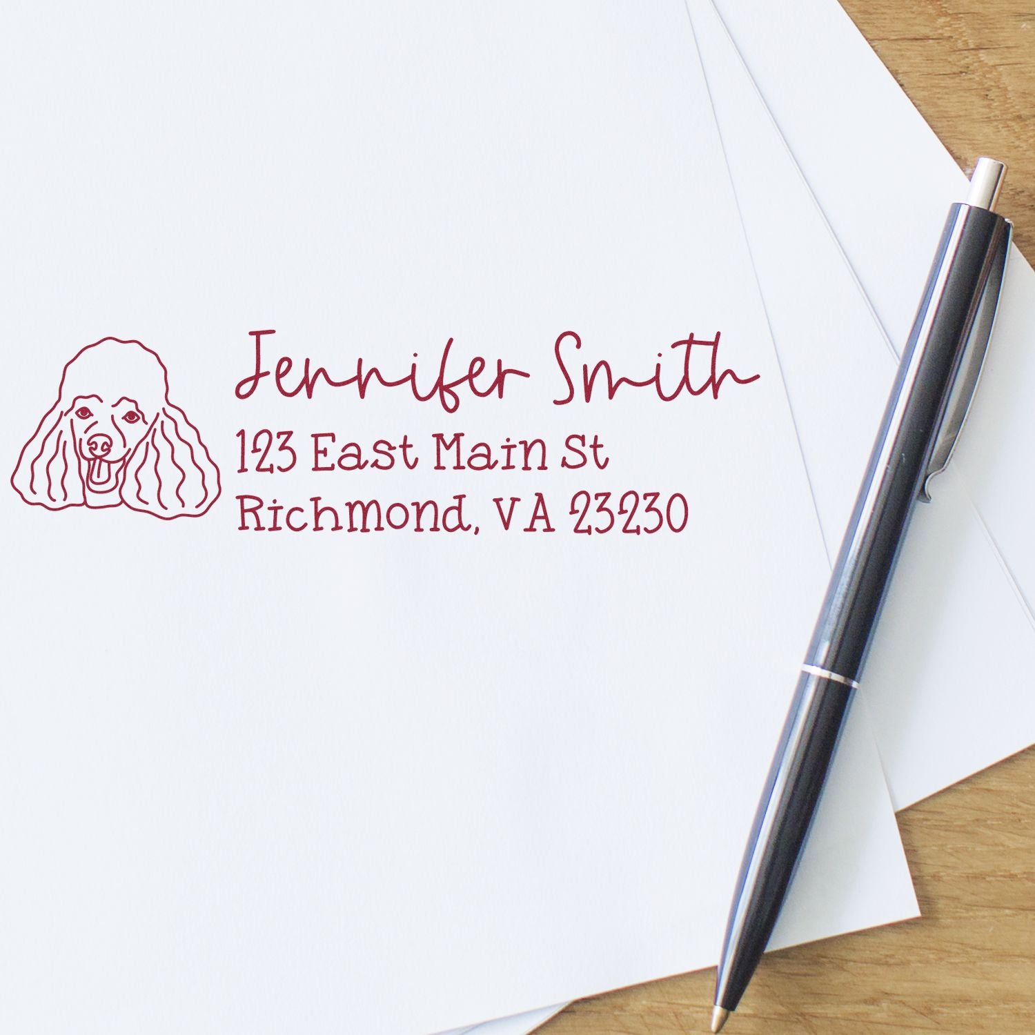 Custom dog return address rubber stamp with name and Richmond, VA address on stationery