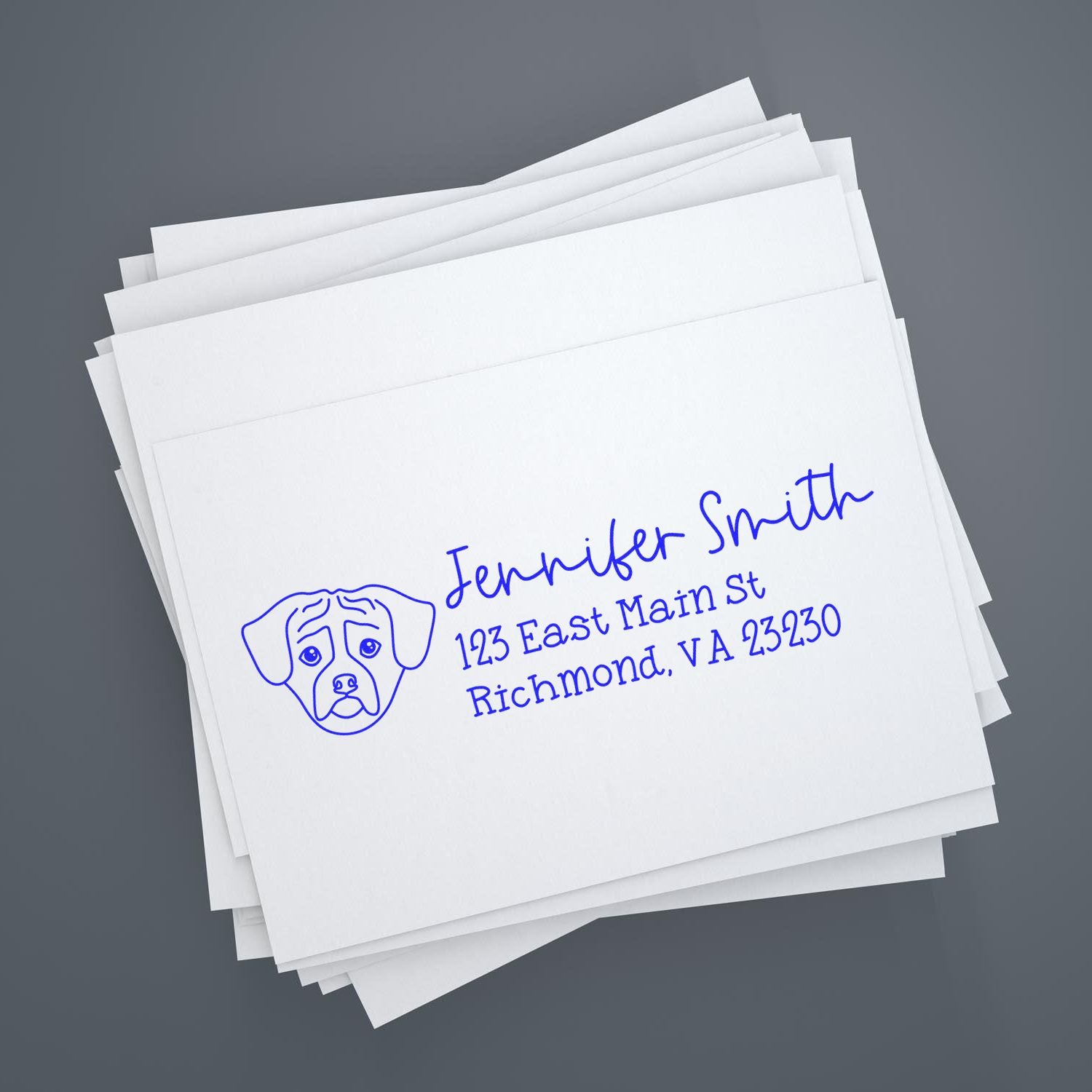 Personalized dog return address rubber stamp on envelopes, featuring Jennifer Smith, Richmond, VA 23230.