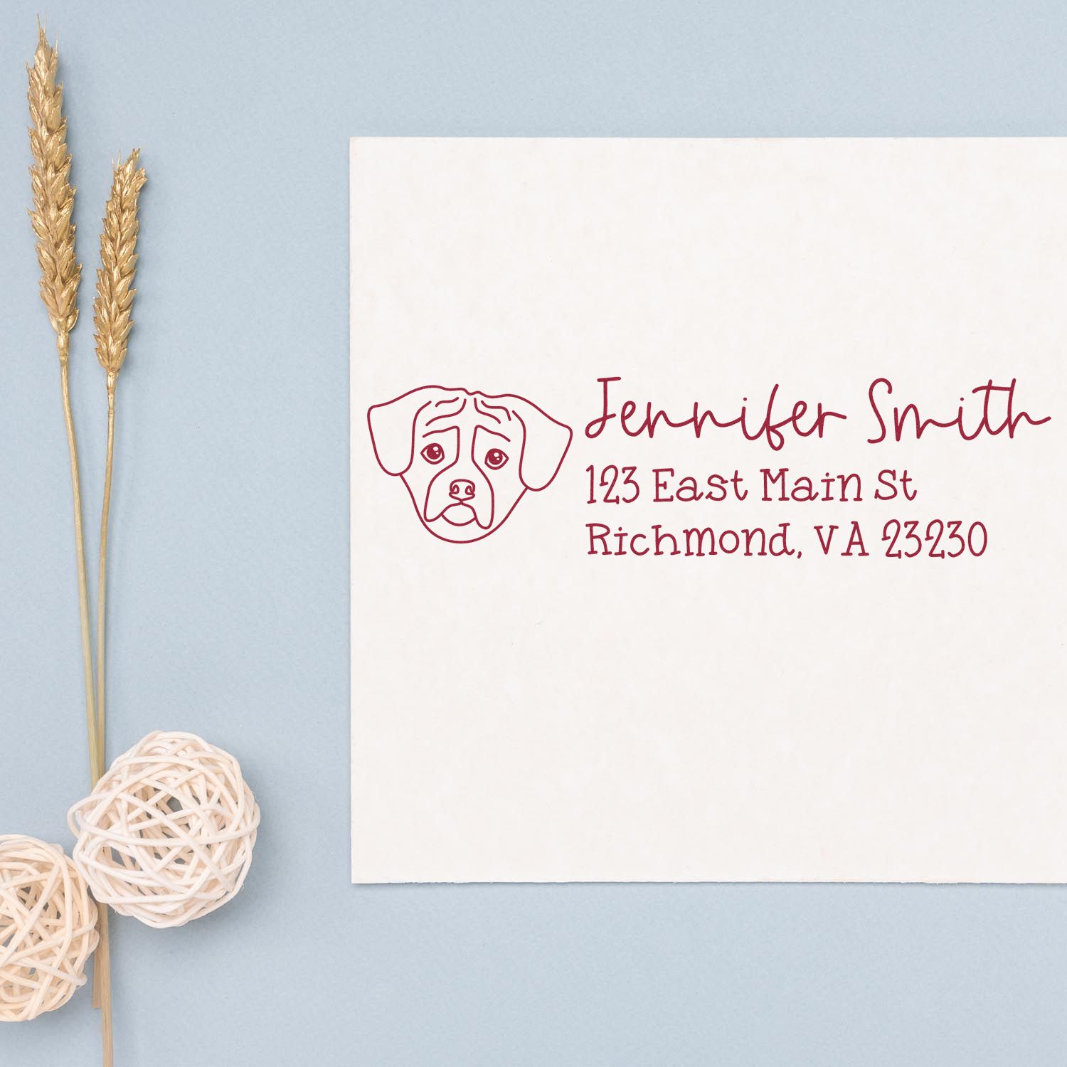 Custom dog return address rubber stamp for personalized envelopes and pet lover stationery.