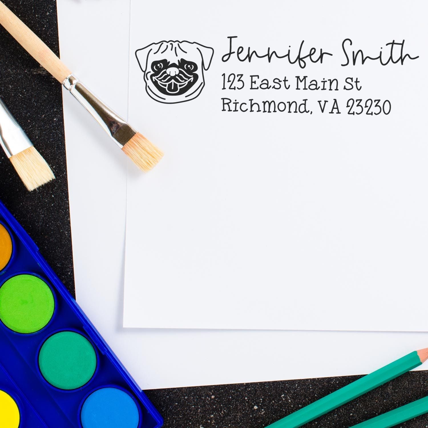 Custom address rubber stamp with pug logo for Jennifer Smith, ideal for personalized mailing and craft stationery.