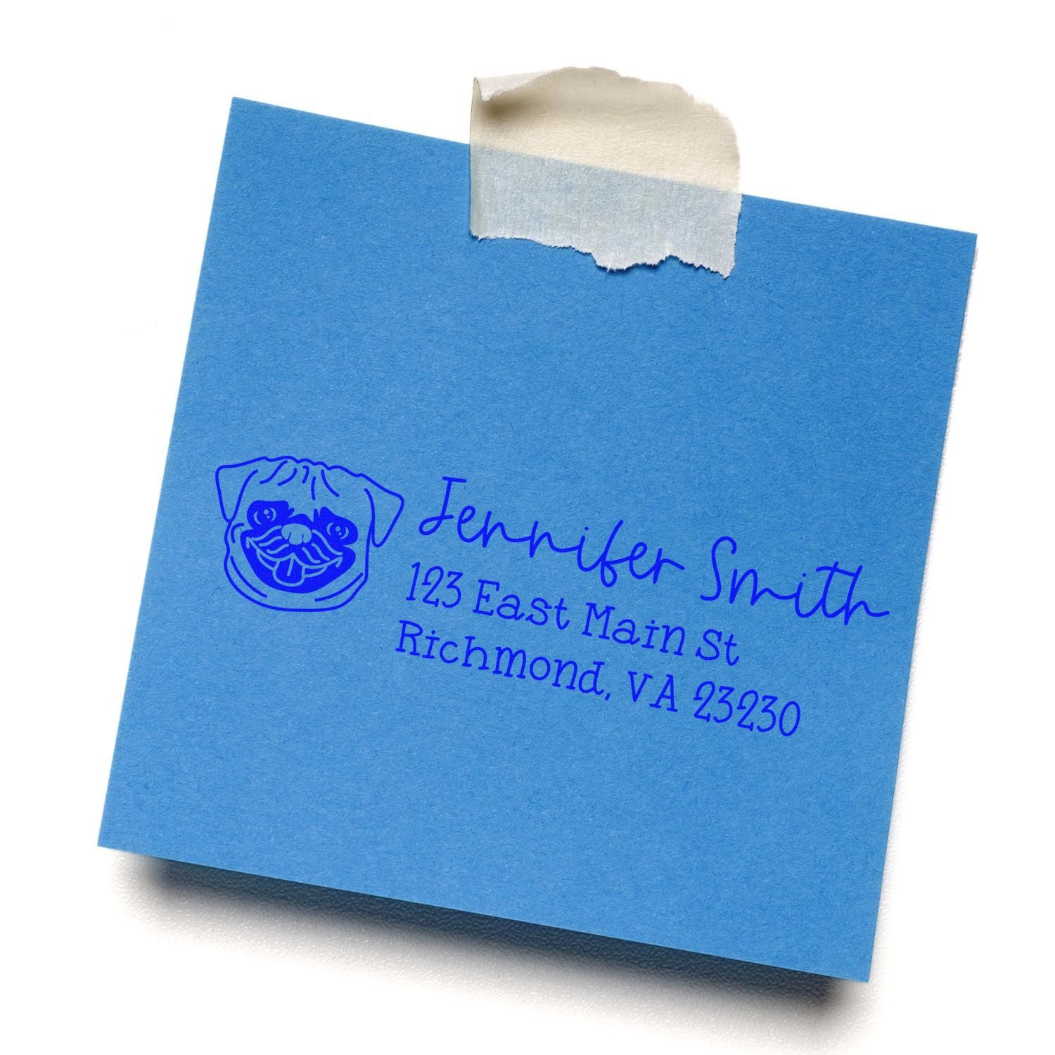 Custom pet address rubber stamp on blue envelope, featuring Jennifer Smith return address and dog illustration.