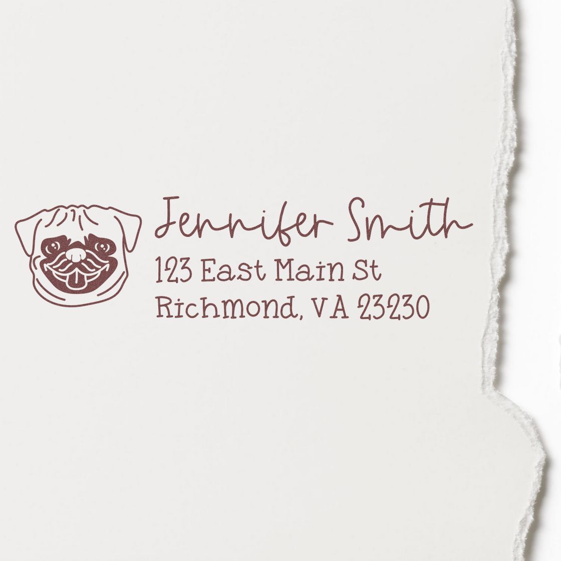 Custom pug dog return address rubber stamp for Jennifer Smith, 123 East Main St, Richmond, VA 23230.