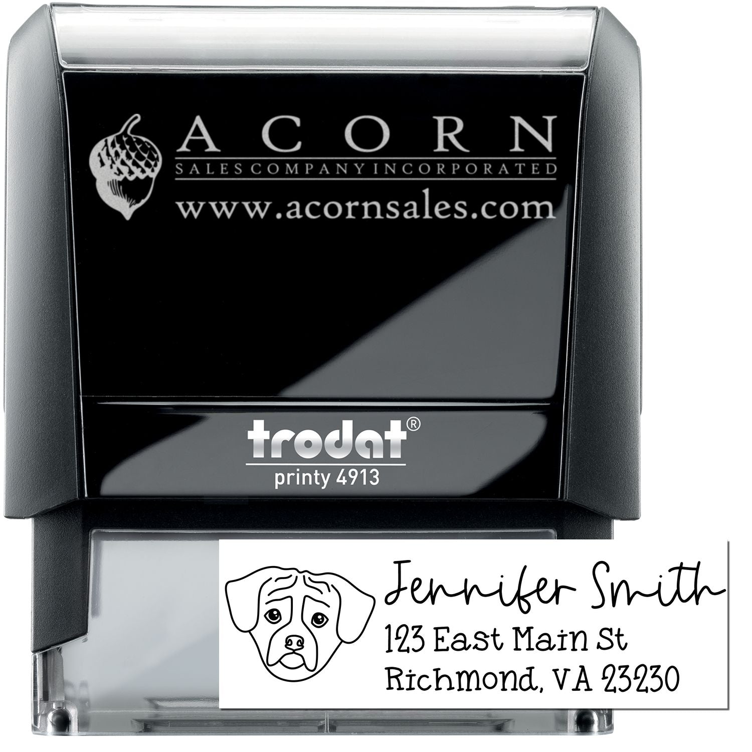 Custom Trodat Printy 4913 self-inking rubber stamp with logo and personalized address stamp design for business use