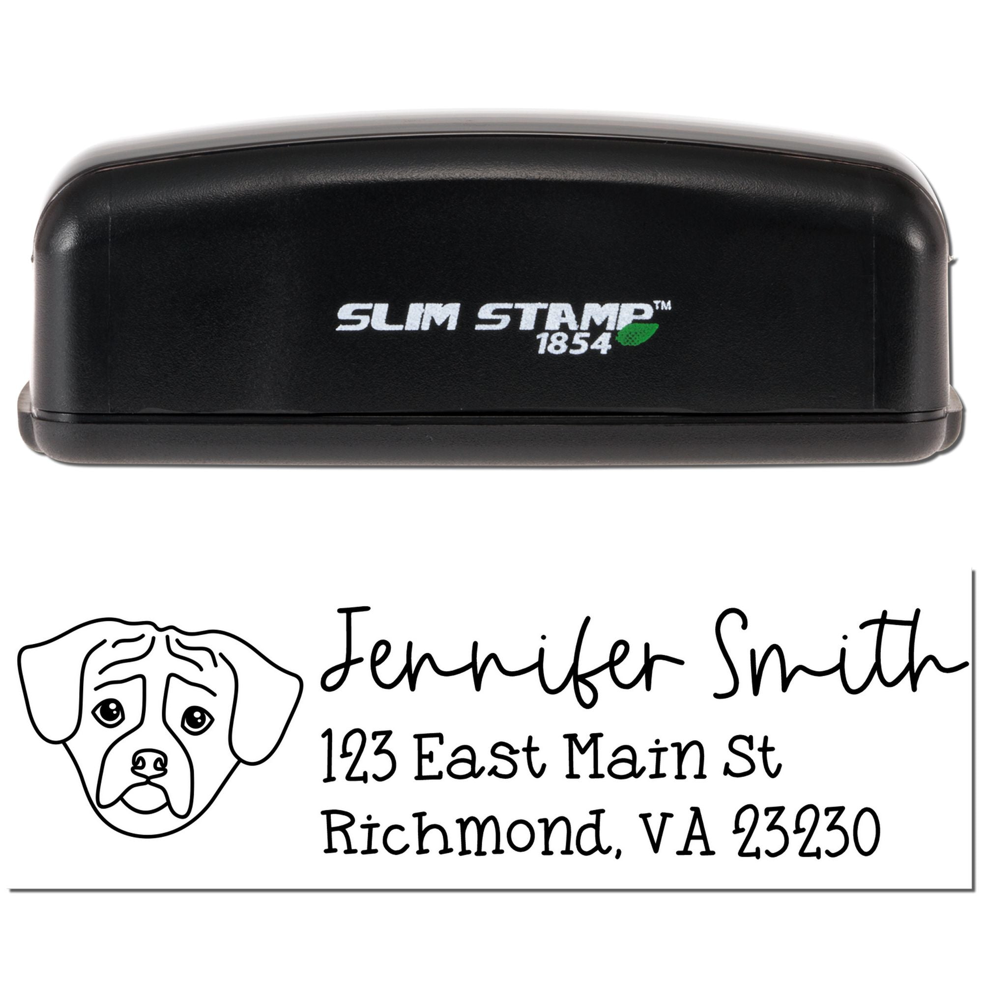 Custom self-inking rubber address stamp with dog illustration for Jennifer Smith, Richmond VA 23230.