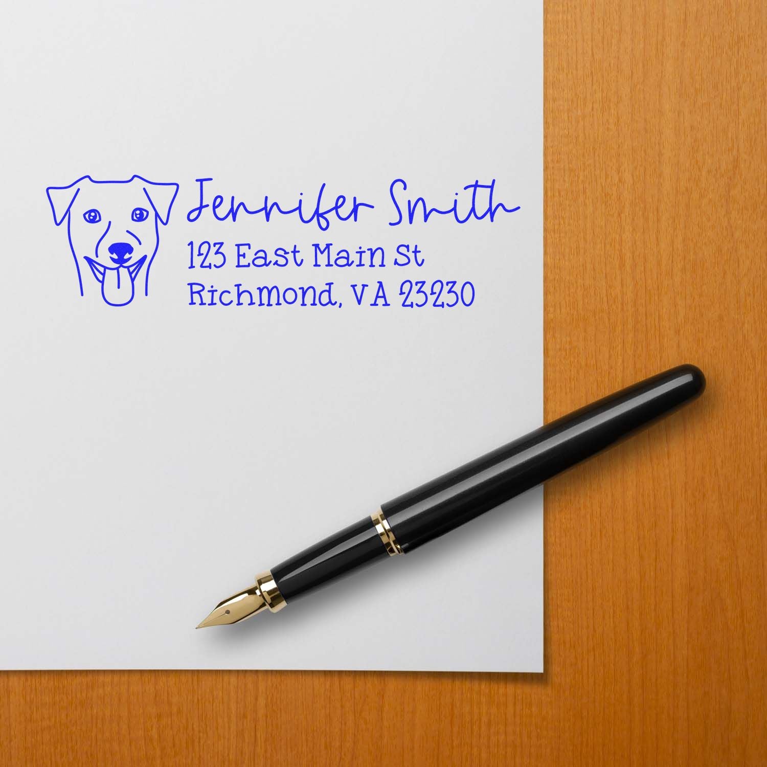 Personalized dog return address rubber stamp with name and Richmond, VA address in blue ink.