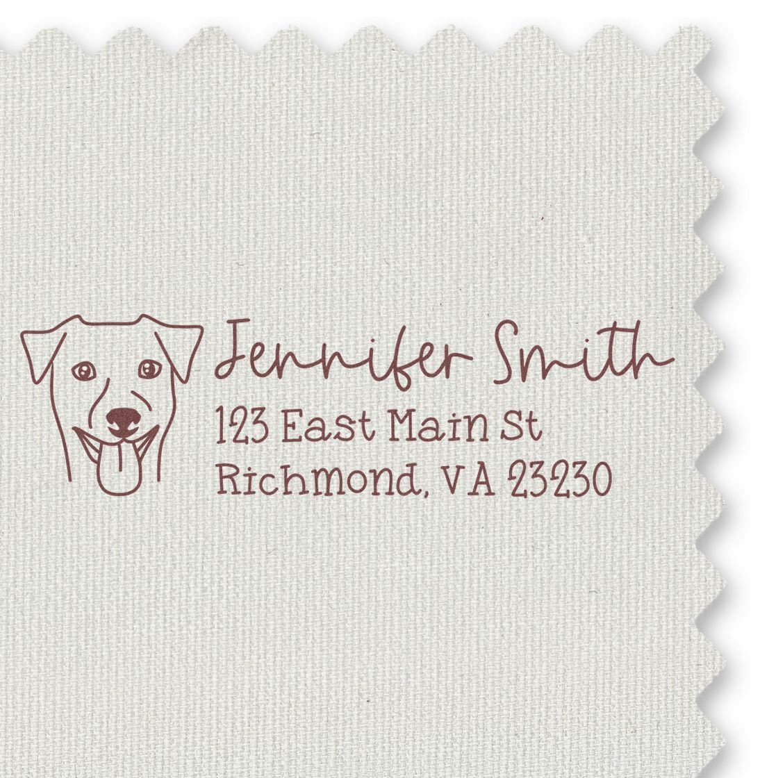 Custom dog return address rubber stamp with pet face, Jennifer Smith, 123 East Main St, Richmond, VA 23230