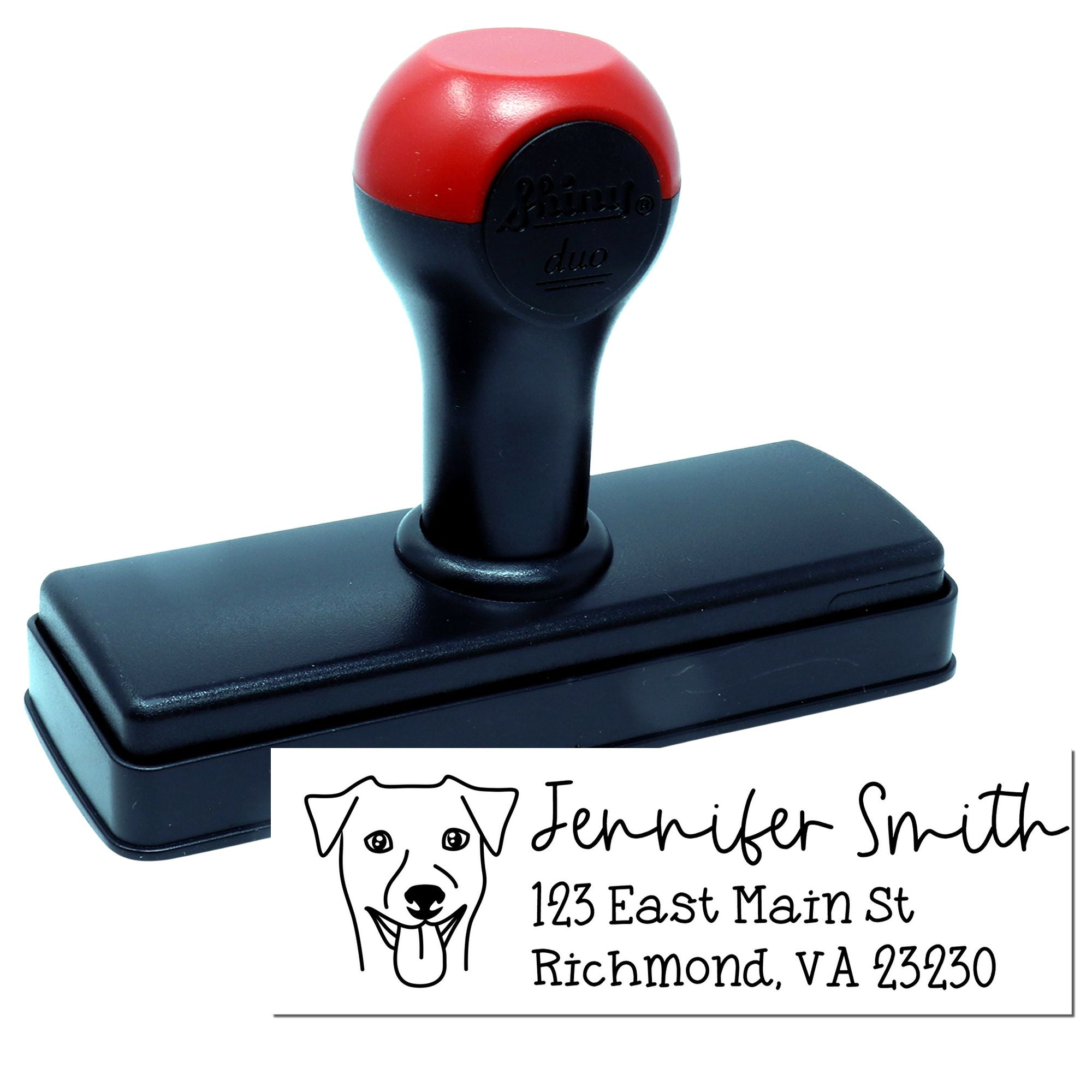 Custom self-inking rubber address stamp with dog logo, featuring Jennifer Smith and Richmond, VA return address.