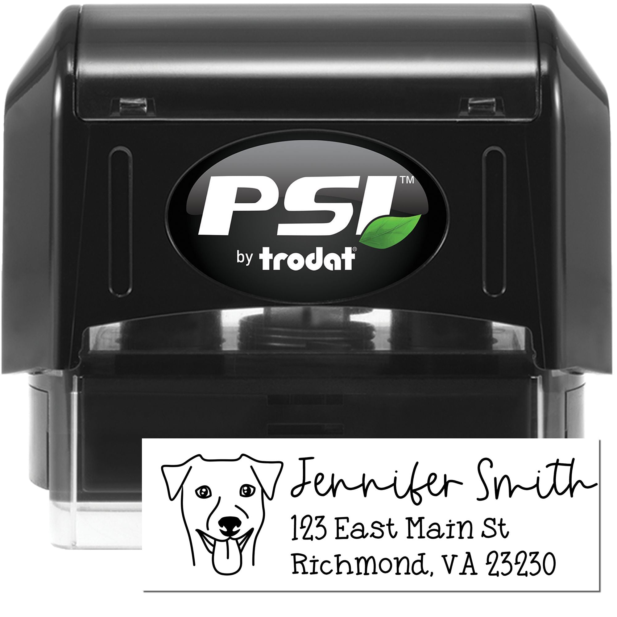 Personalized self-inking rubber stamp by PSI Trodat, featuring a dog address stamp with name and return address.