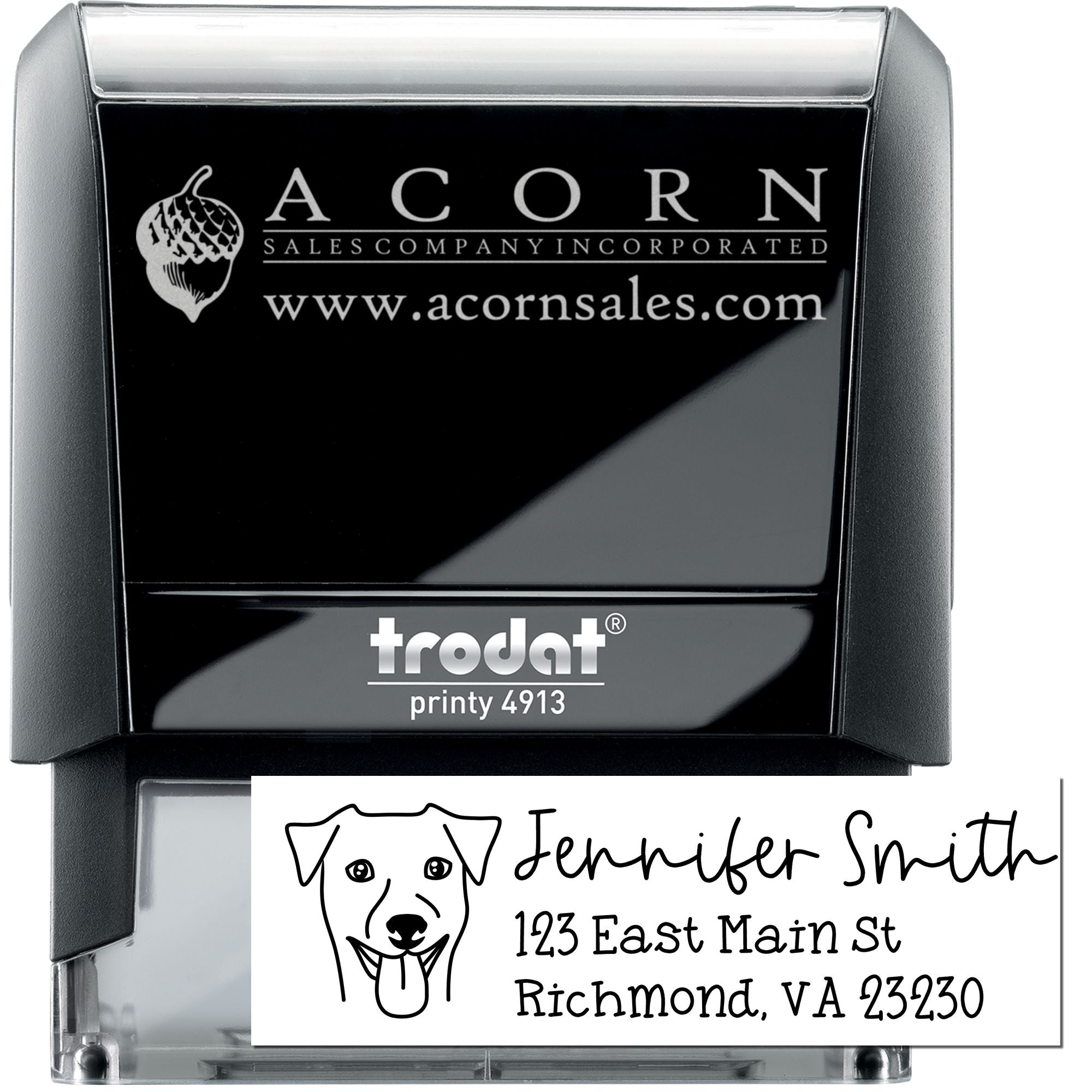 Custom self-inking rubber stamp with Acorn Sales logo and address, Trodat Printy 4913 for business branding and mailing.