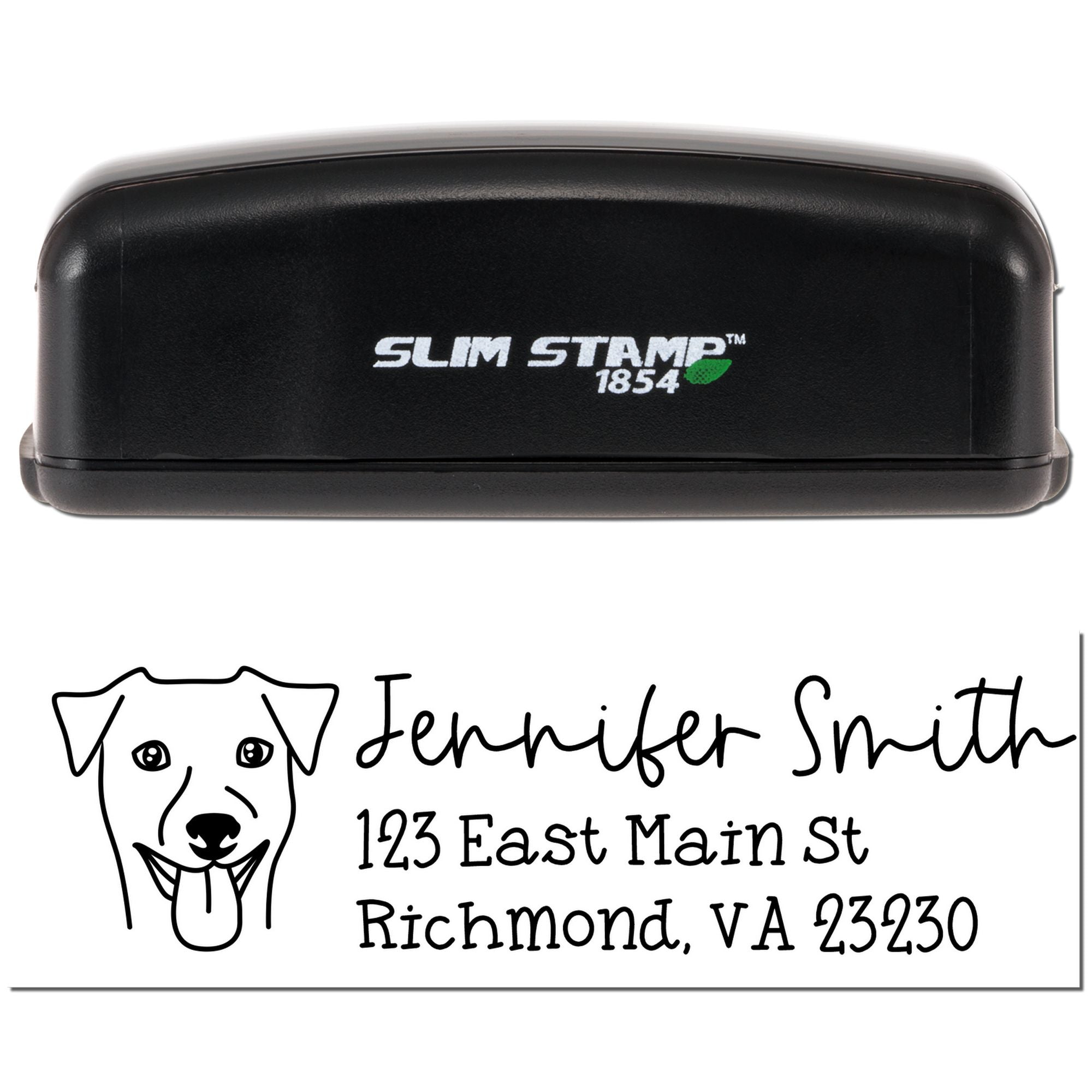 Slim Stamp 1854 custom self-inking rubber stamp with dog logo and return address for Jennifer Smith, Richmond, VA 23230.