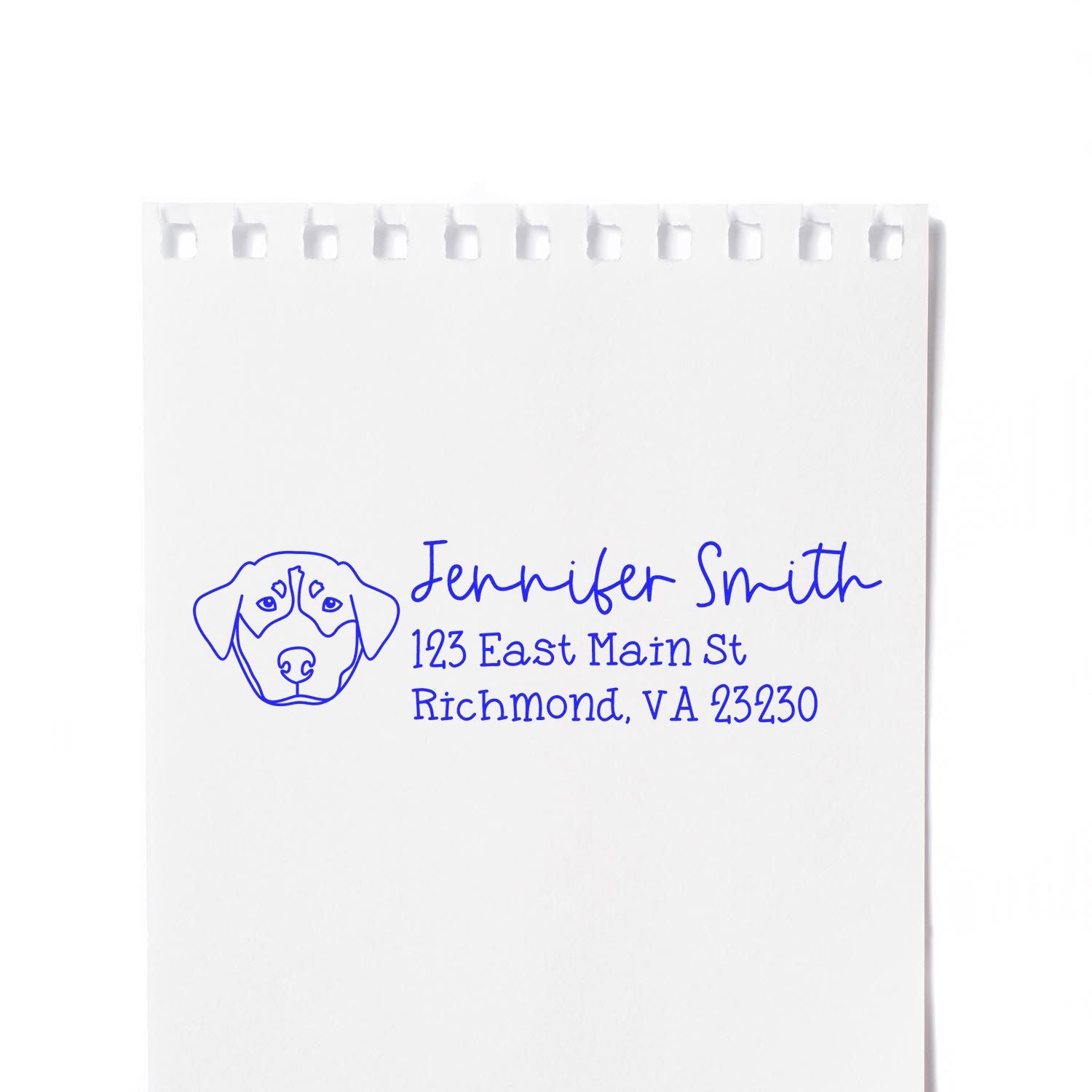 Custom dog return address rubber stamp for Jennifer Smith, featuring pet portrait and Richmond, VA mailing address.