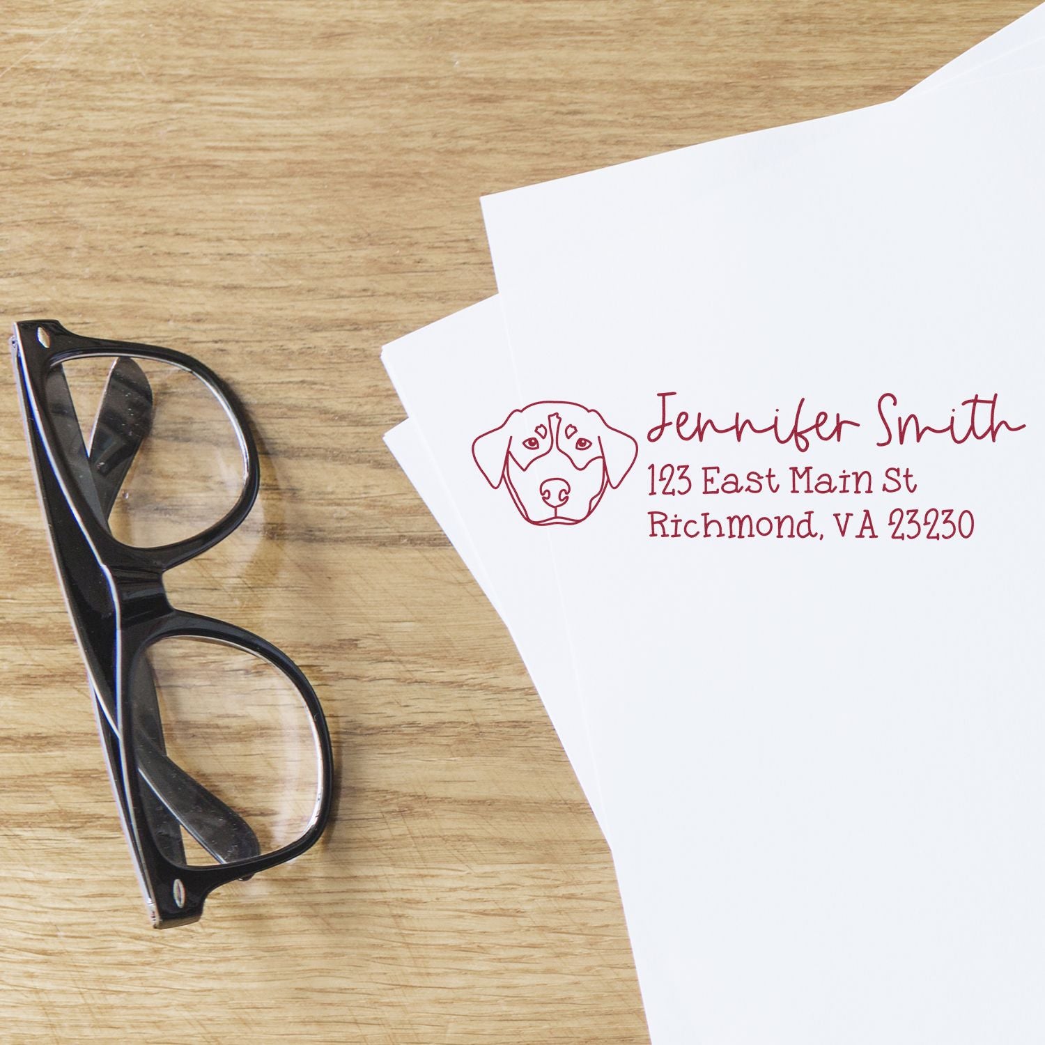 Custom dog return address rubber stamp on envelope, perfect for pet lovers and personalized mailing.