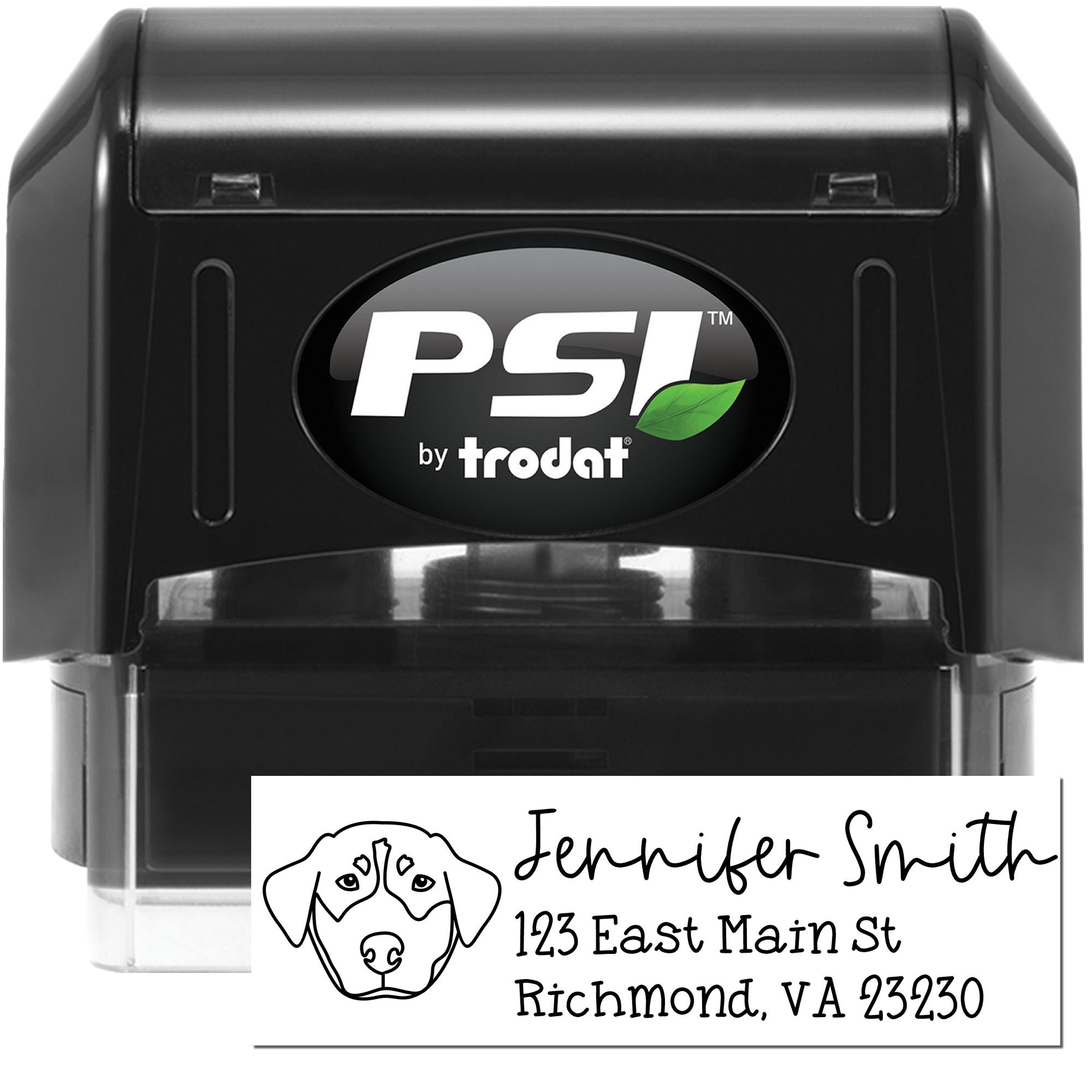 PSI by Trodat self-inking rubber stamp with custom dog address stamp design for Jennifer Smith, Richmond VA.