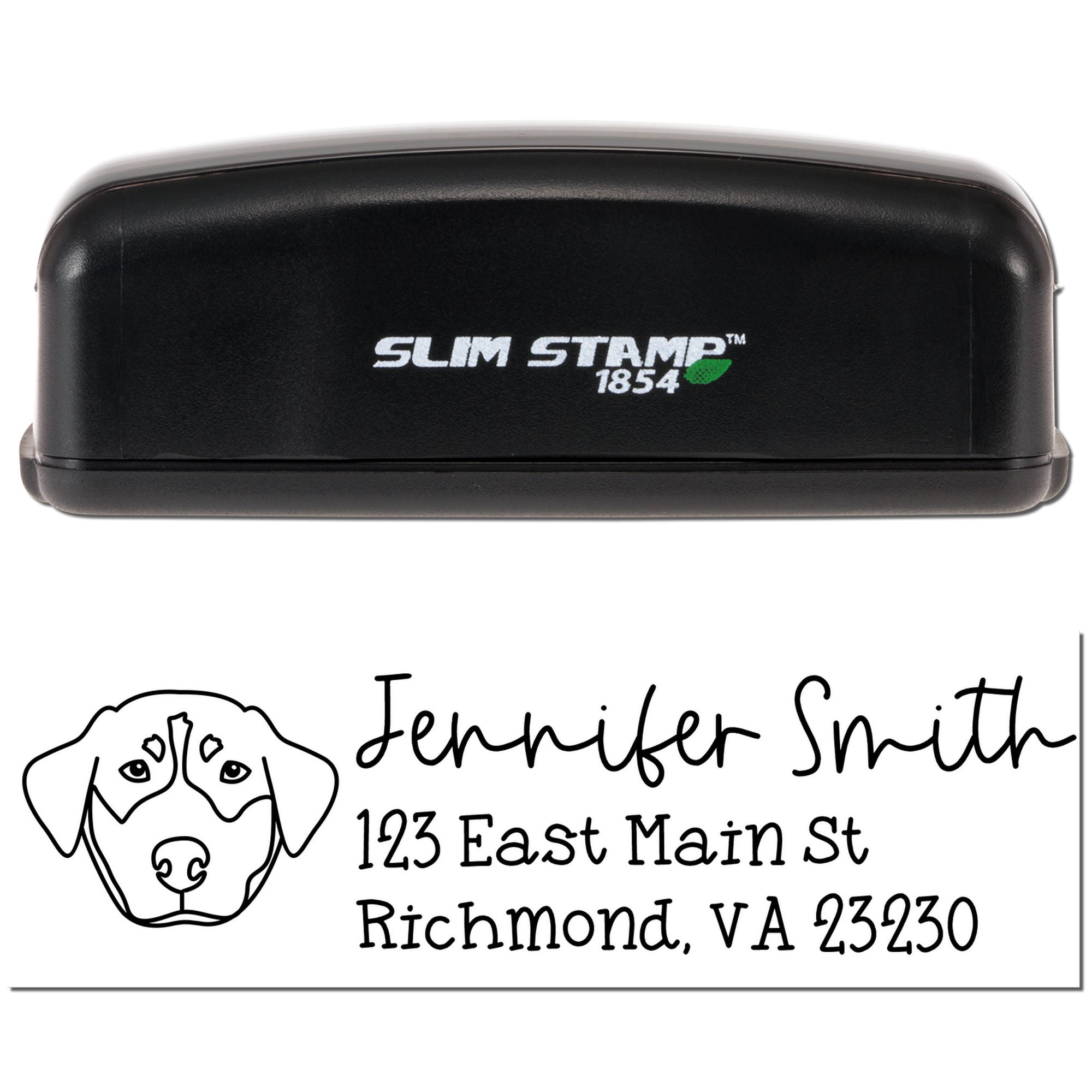 Slim Stamp 1854 custom rubber stamp with dog logo, Jennifer Smith name, and Richmond VA address for business mailings.