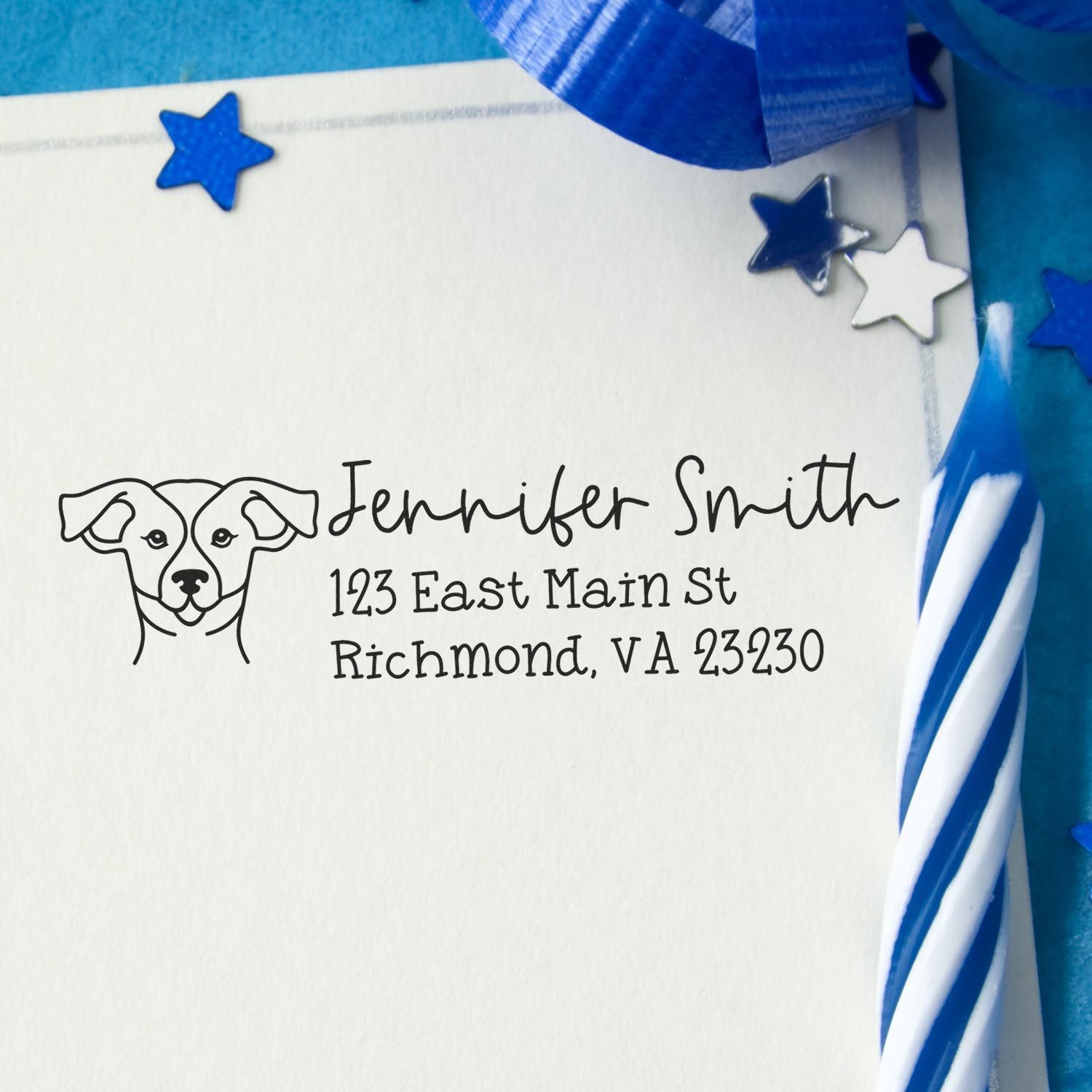 Personalized dog return address rubber stamp with Jennifer Smith name and Richmond, VA address on blue wedding envelope.