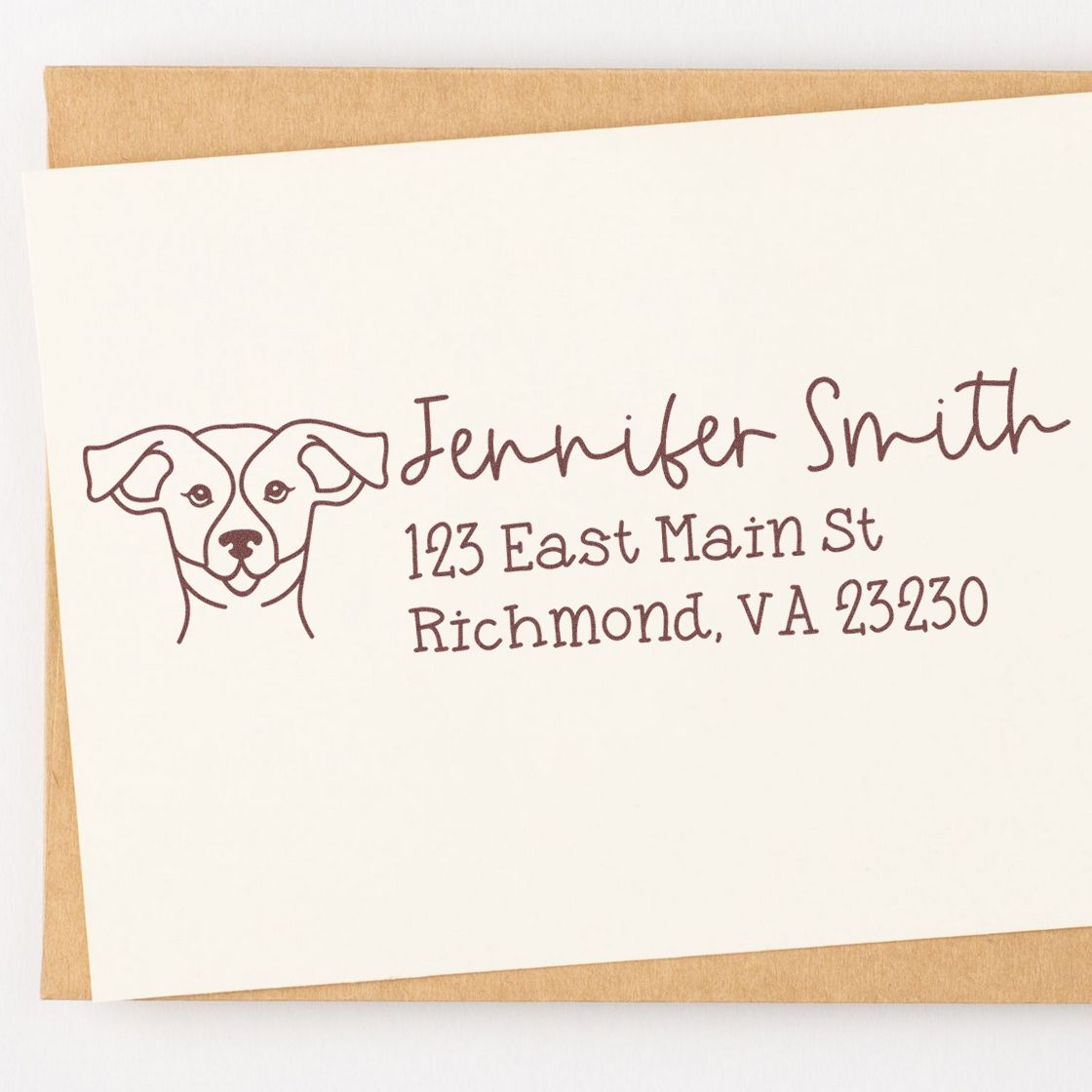 Custom return address rubber stamp with dog logo, Jennifer Smith, 123 East Main St, Richmond, VA 23230.