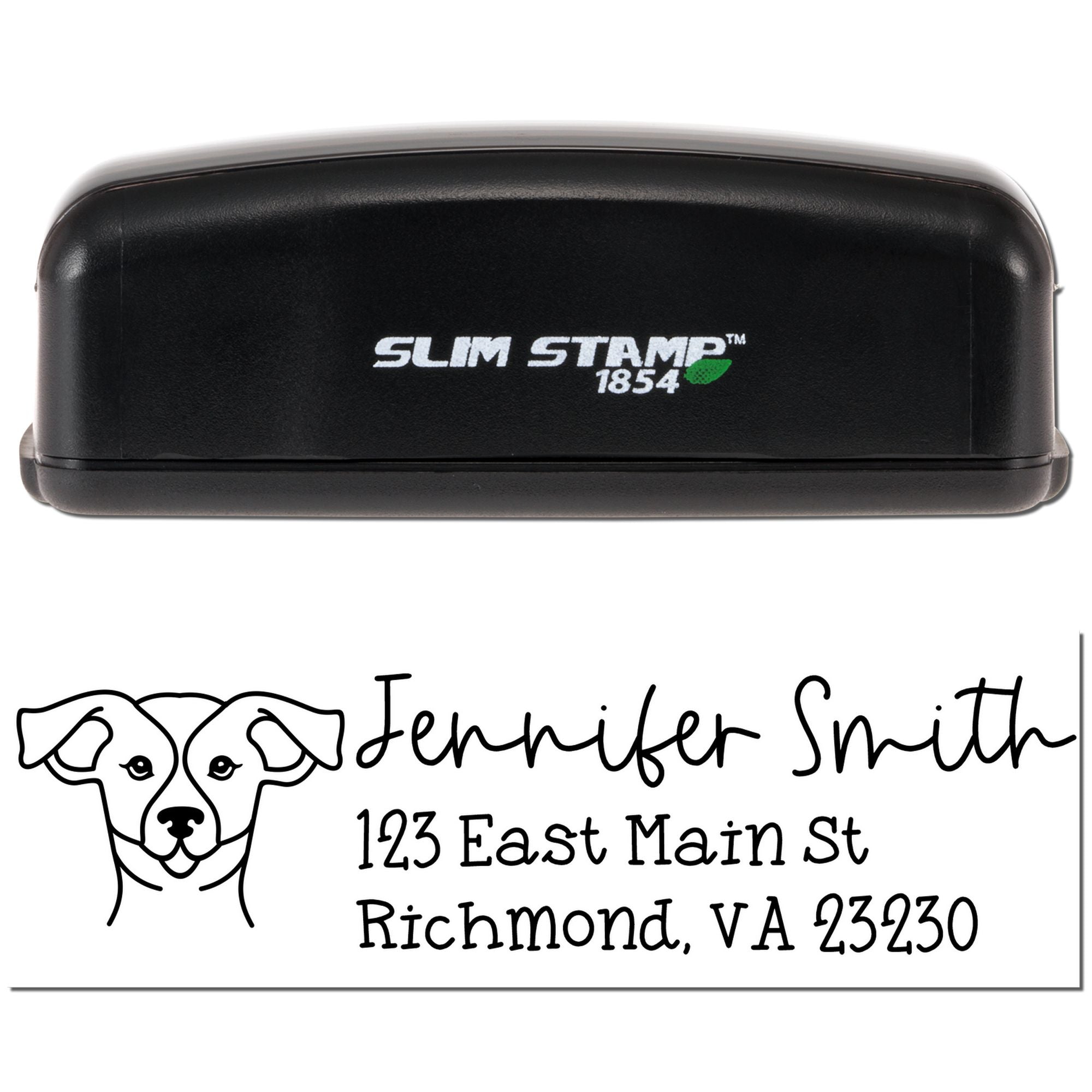 Slim Stamp 1854 custom self-inking rubber return address stamp with dog logo, Jennifer Smith name, Richmond, VA.