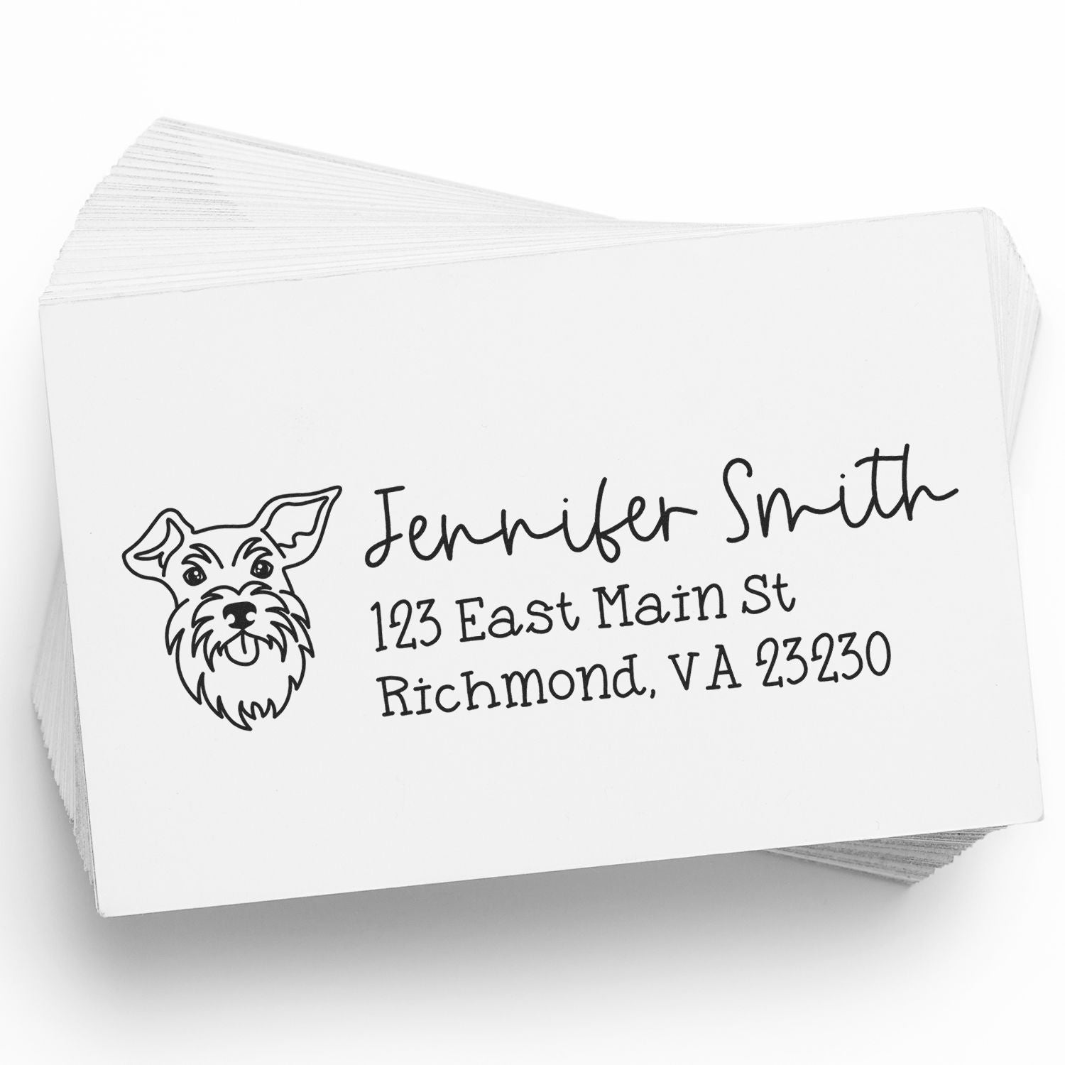 Personalized return address rubber stamp with dog logo for Jennifer Smith, 123 East Main St, Richmond, VA 23230.