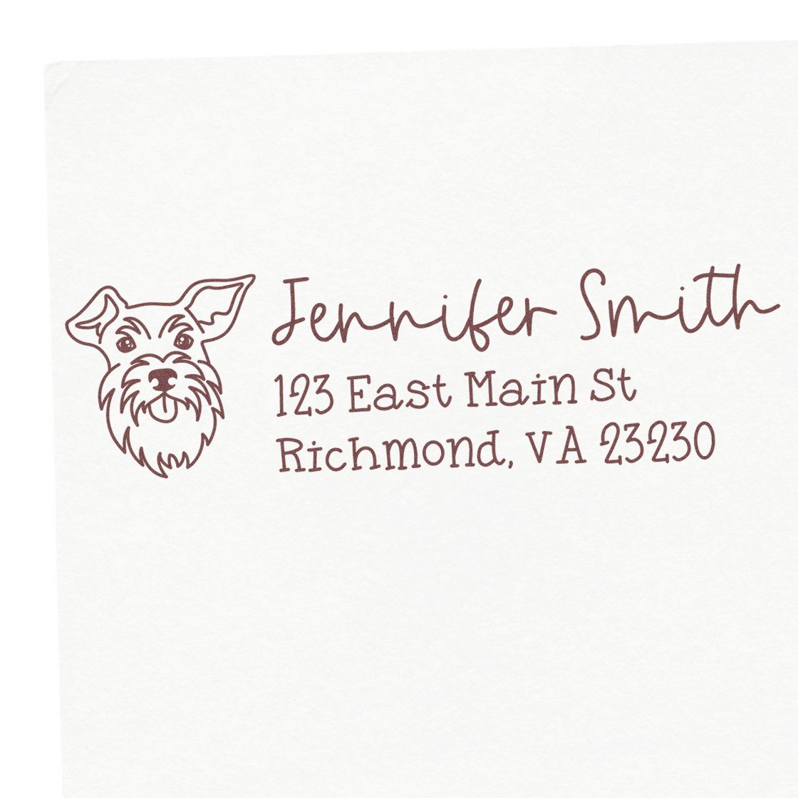 Custom return address rubber stamp with dog illustration for Jennifer Smith, 123 East Main St, Richmond, VA 23230.