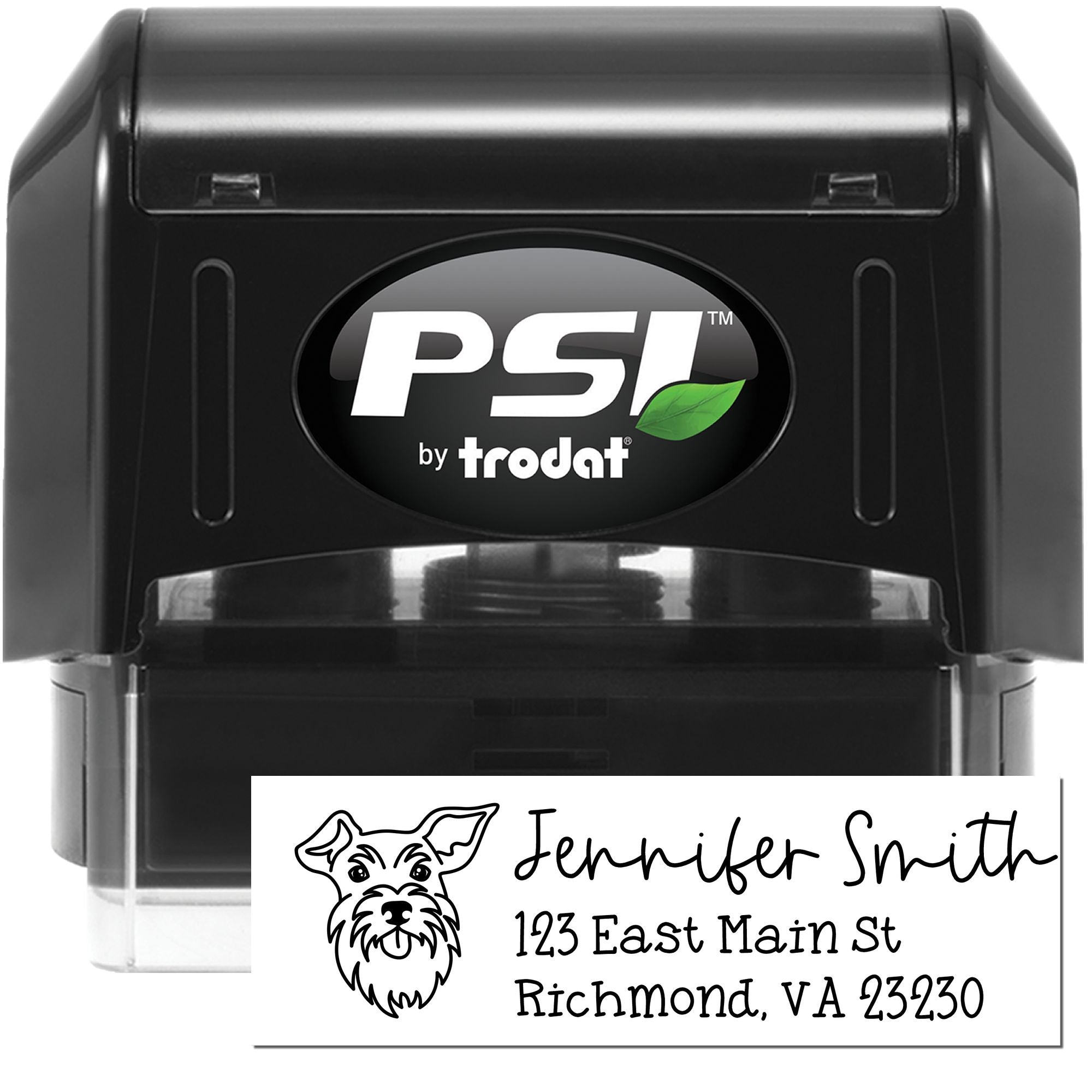 PSI by Trodat custom address rubber stamp with dog logo and Jennifer Smith return address, ideal for personalized mailing branding