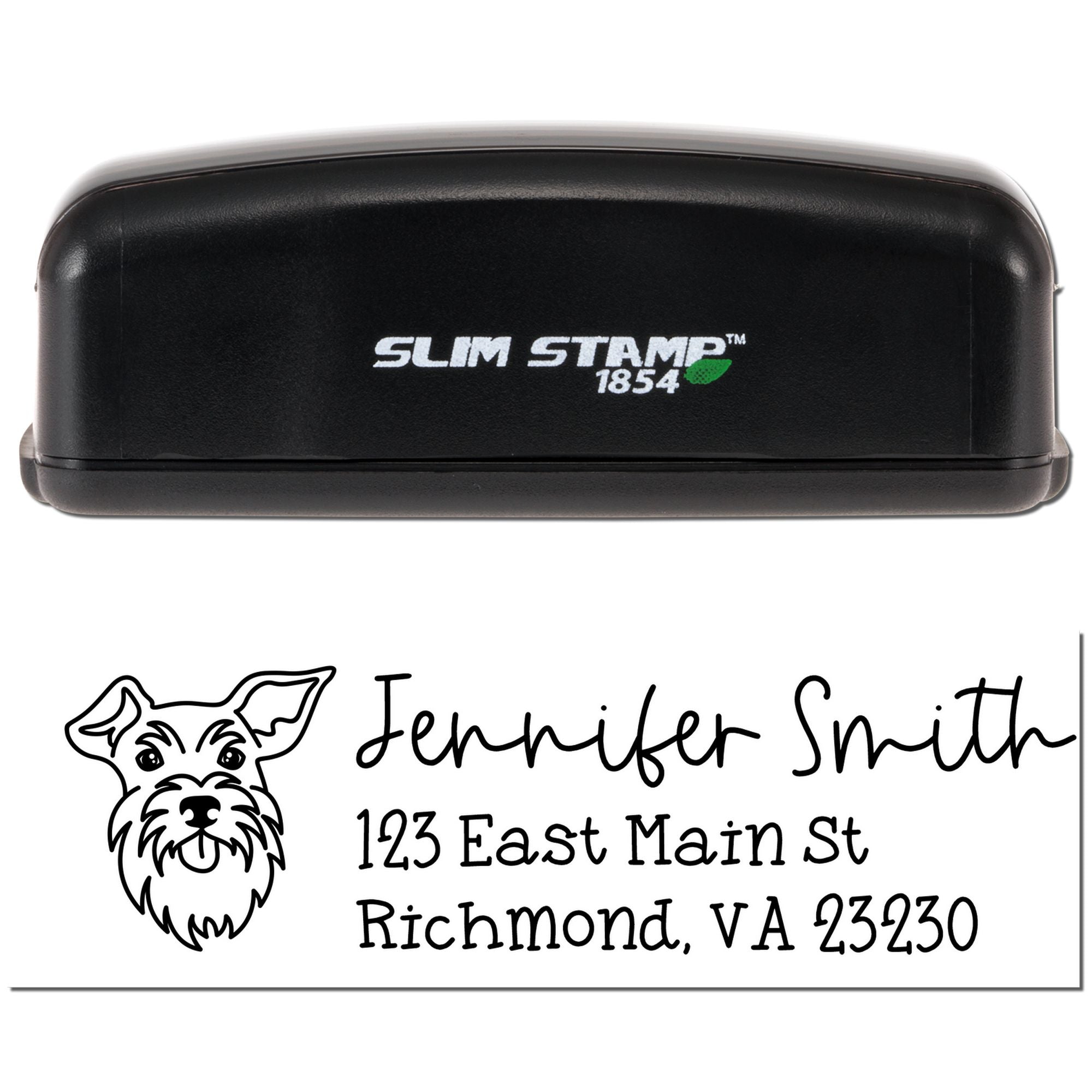 Slim Stamp 1854 custom rubber address stamp with dog logo, Jennifer Smith, and Richmond VA mailing address
