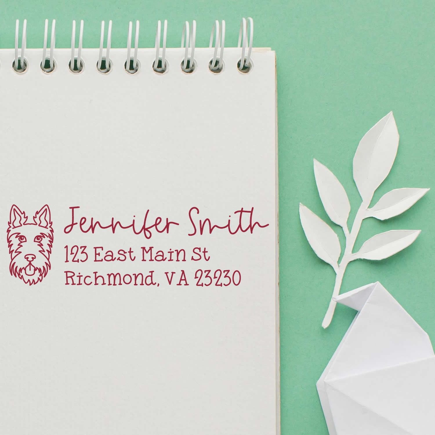 Personalized return address rubber stamp with dog logo, showing Jennifer Smith's name and Richmond, VA address.