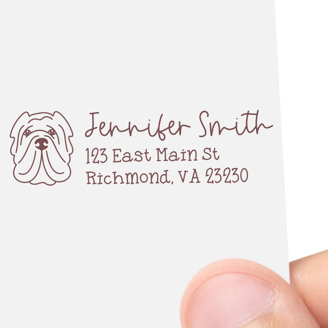Custom dog return address rubber stamp for Jennifer Smith, 123 East Main St, Richmond, VA 23230