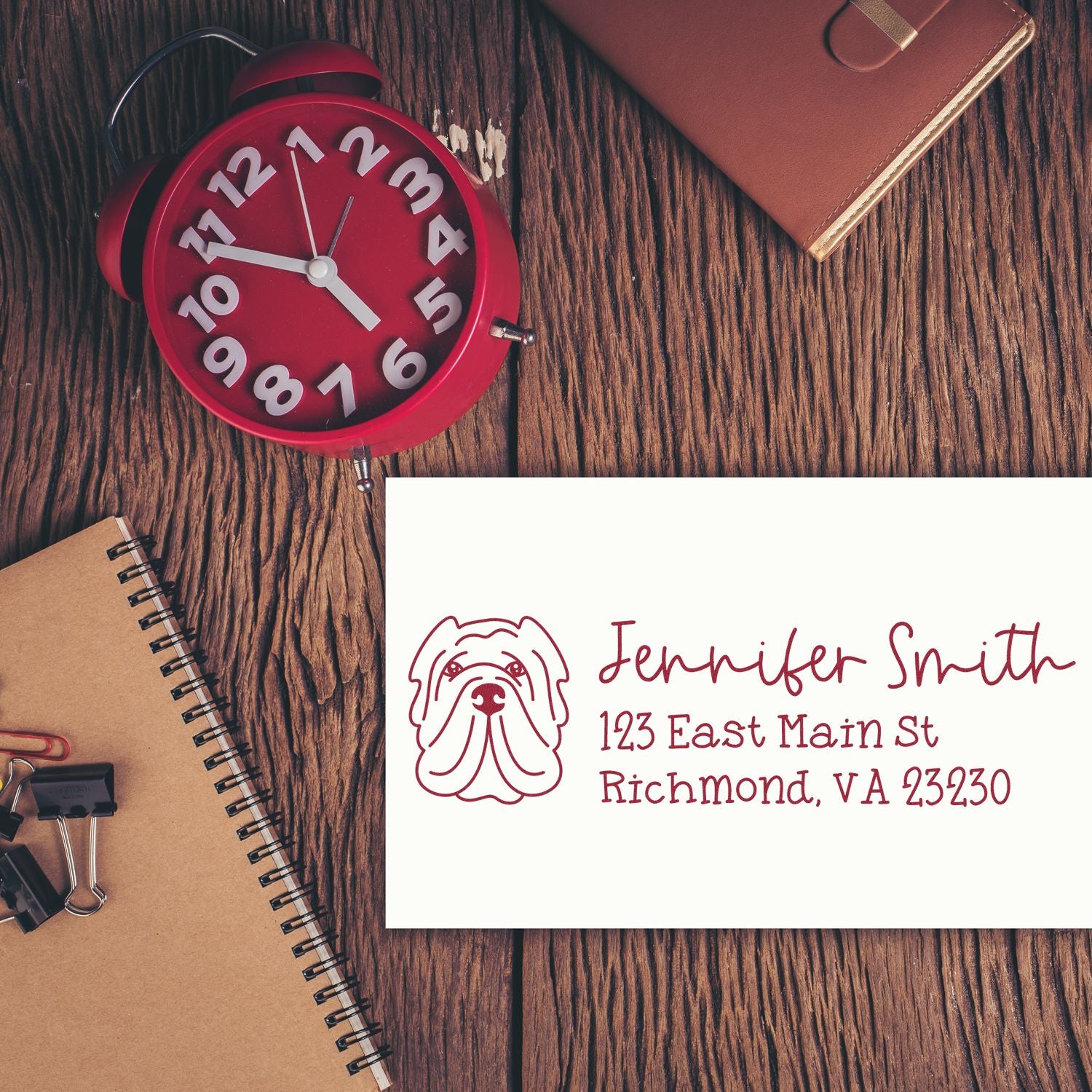Custom dog return address rubber stamp mockup with Jennifer Smith name and Richmond, VA address.