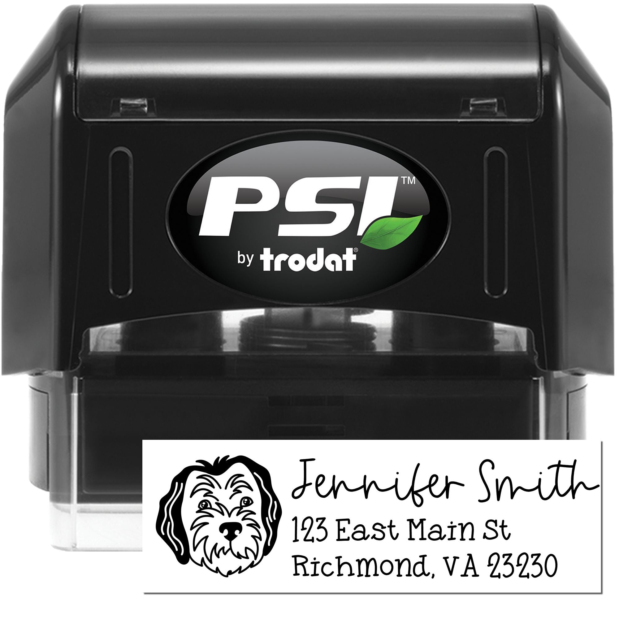 Custom self-inking rubber address stamp by PSI Trodat with dog logo, Jennifer Smith, 123 East Main St, Richmond, VA 23230