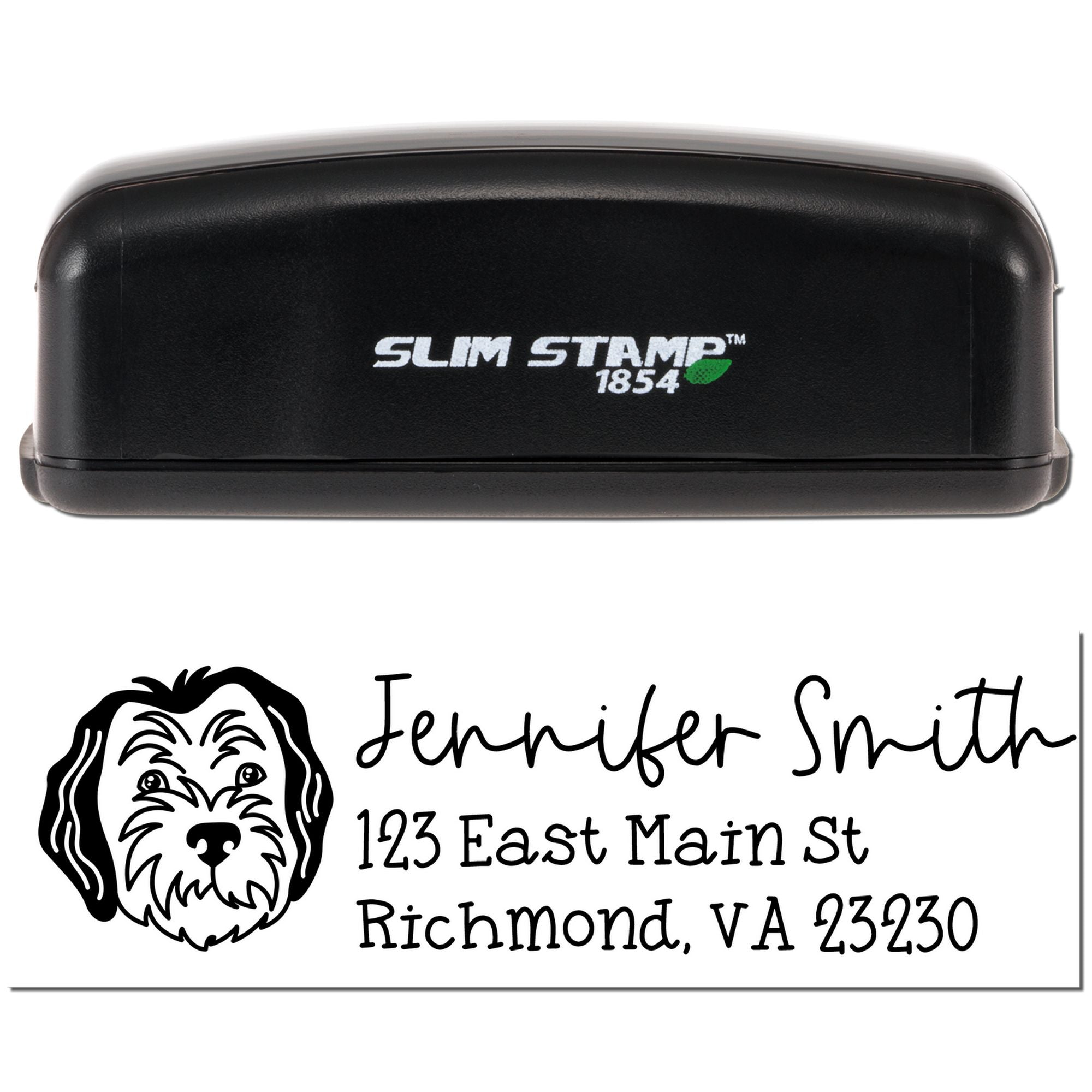 Slim Stamp 1854 custom address rubber stamp with dog logo, name, and Richmond, VA return address for mailing.