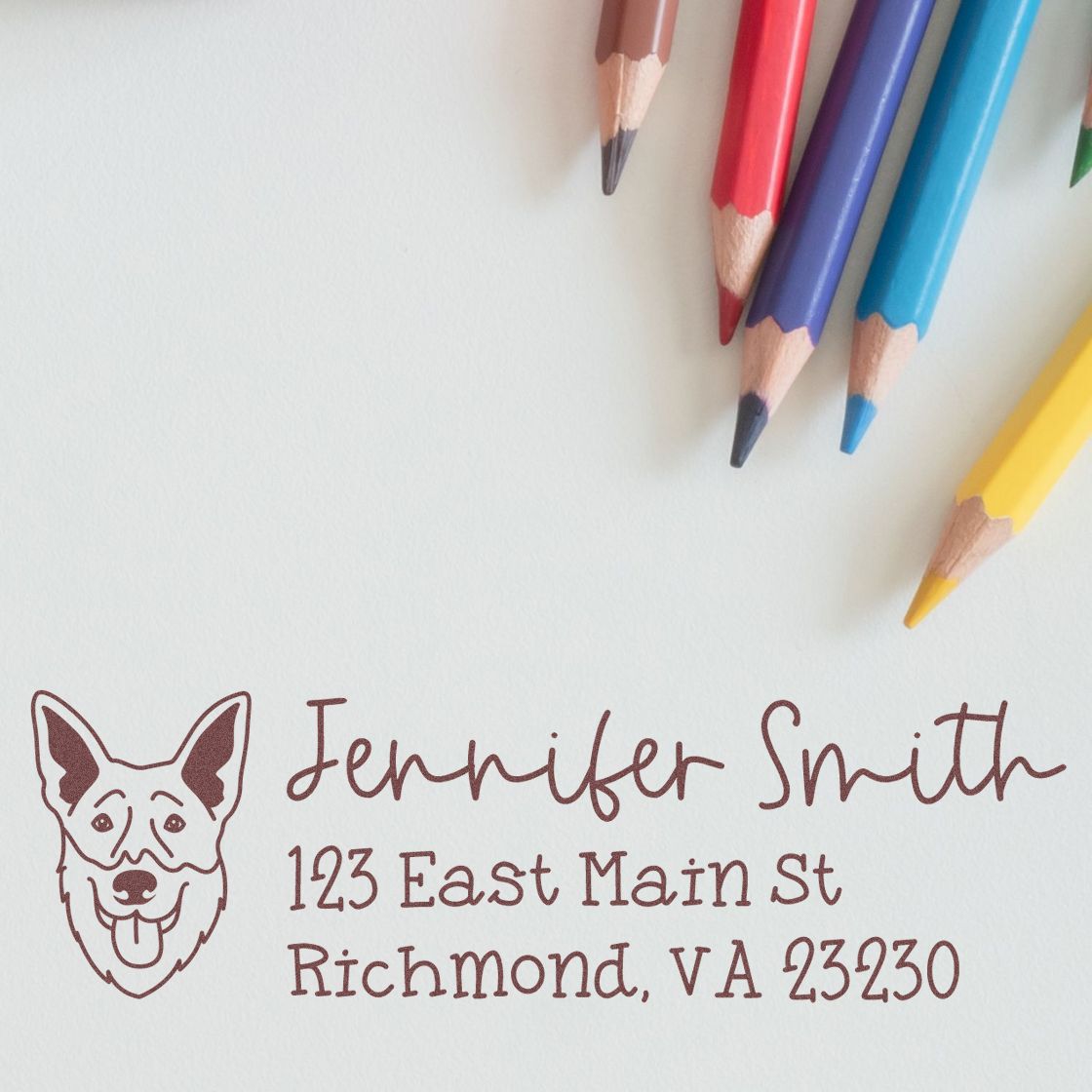 Custom dog return address rubber stamp for personalized envelopes, pet business mail, and stationery.