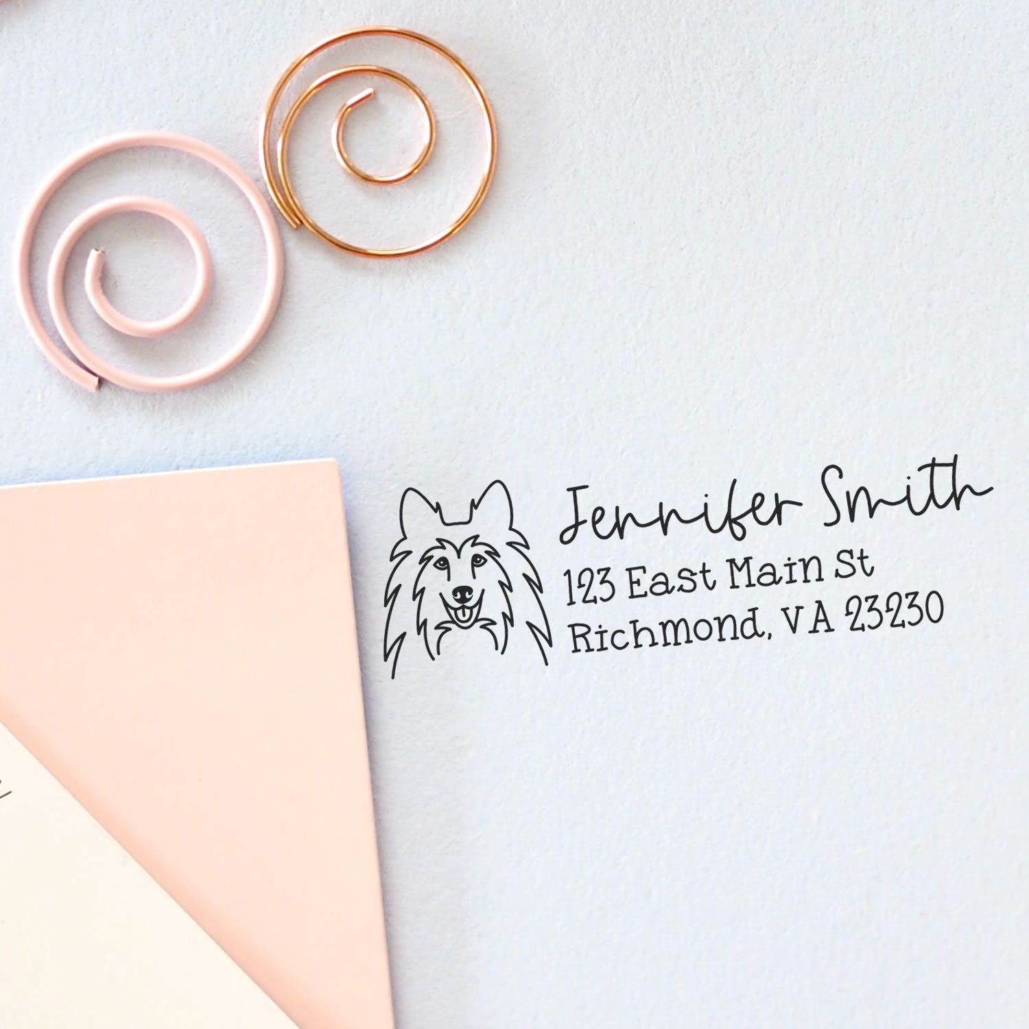 Custom return address rubber stamp with dog logo for Jennifer Smith, Richmond, VA