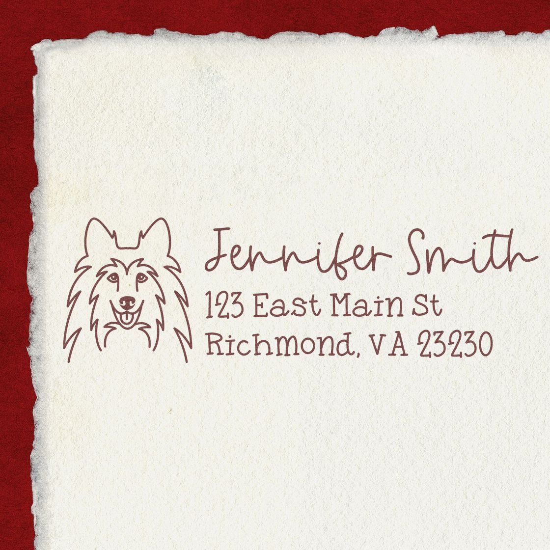 Personalized return address rubber stamp with dog logo, Jennifer Smith, 123 East Main St, Richmond, VA 23230.