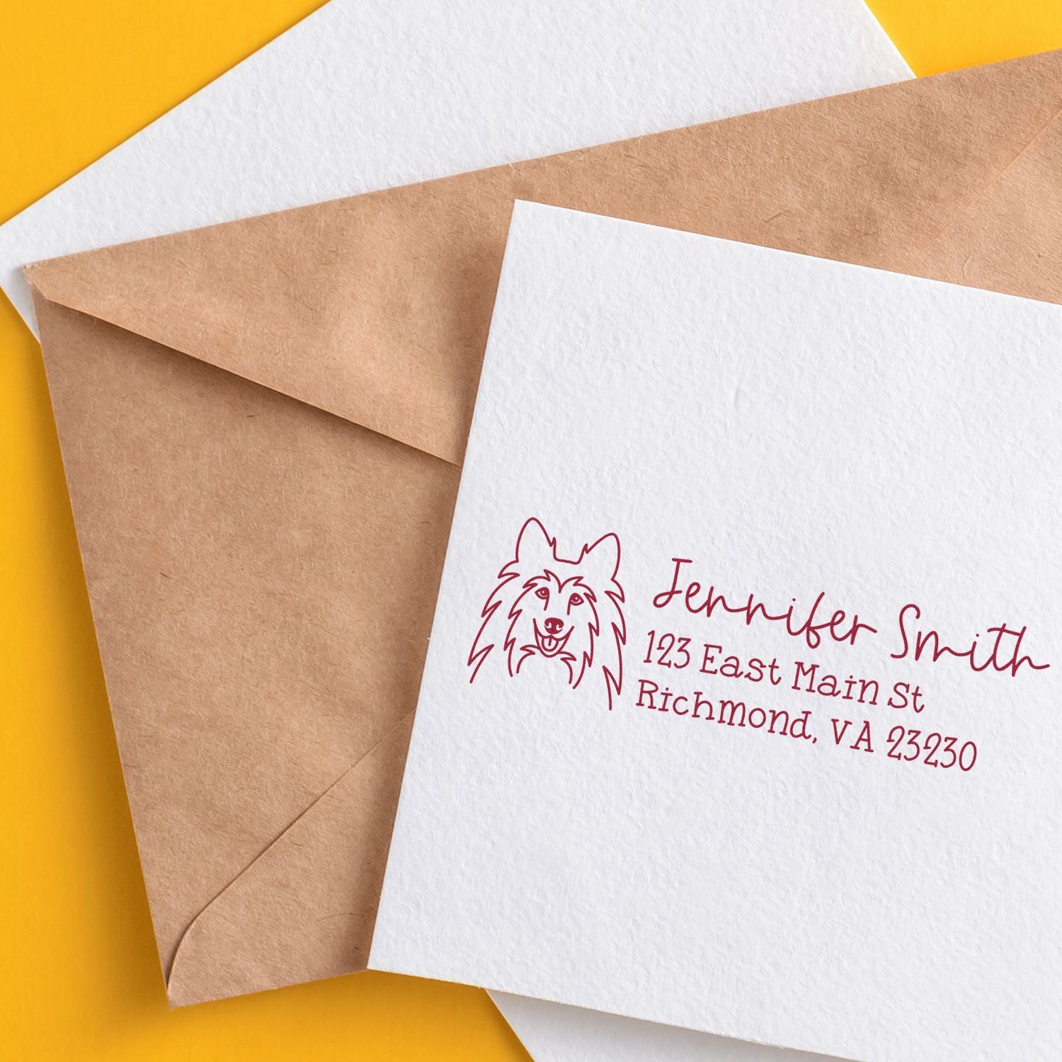Custom return address rubber stamp with dog logo on envelope, ideal for personalized stationery and mailing.