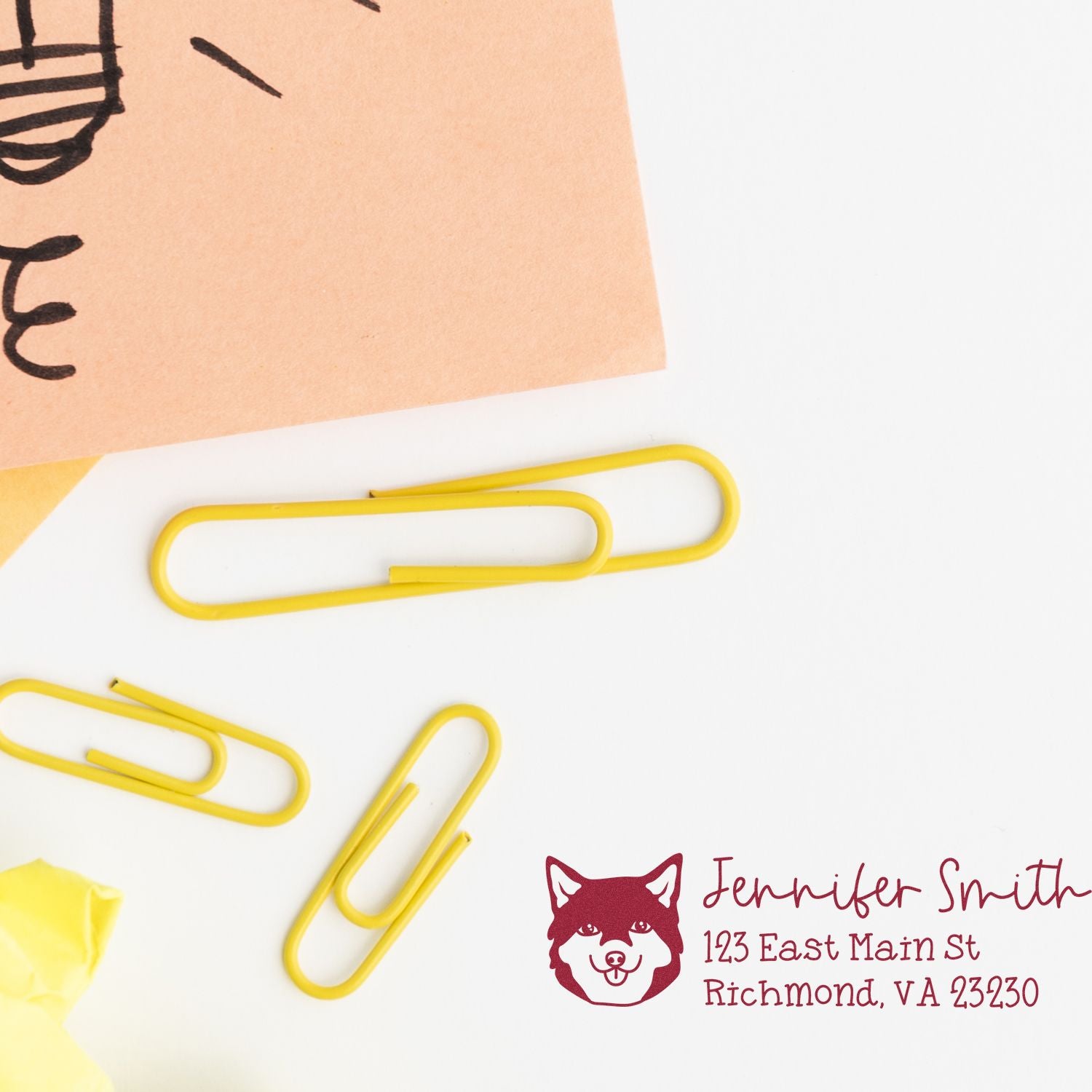 Custom return address rubber stamp with fox logo, Jennifer Smith name, and Richmond VA address for stationery and mailings.