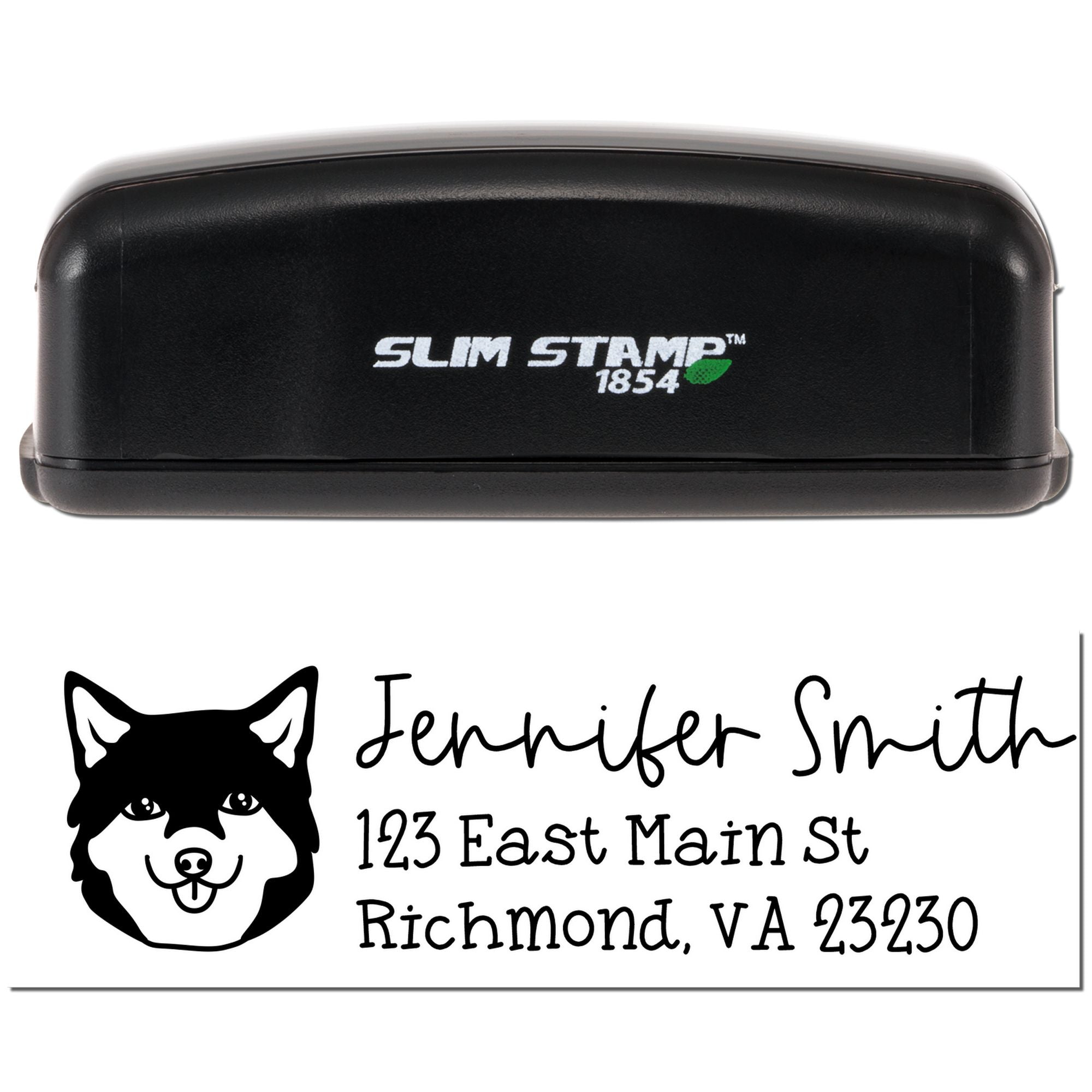 Slim Stamp 1854 self-inking rubber stamp with personalized dog return address design for Jennifer Smith, Richmond, VA 23230