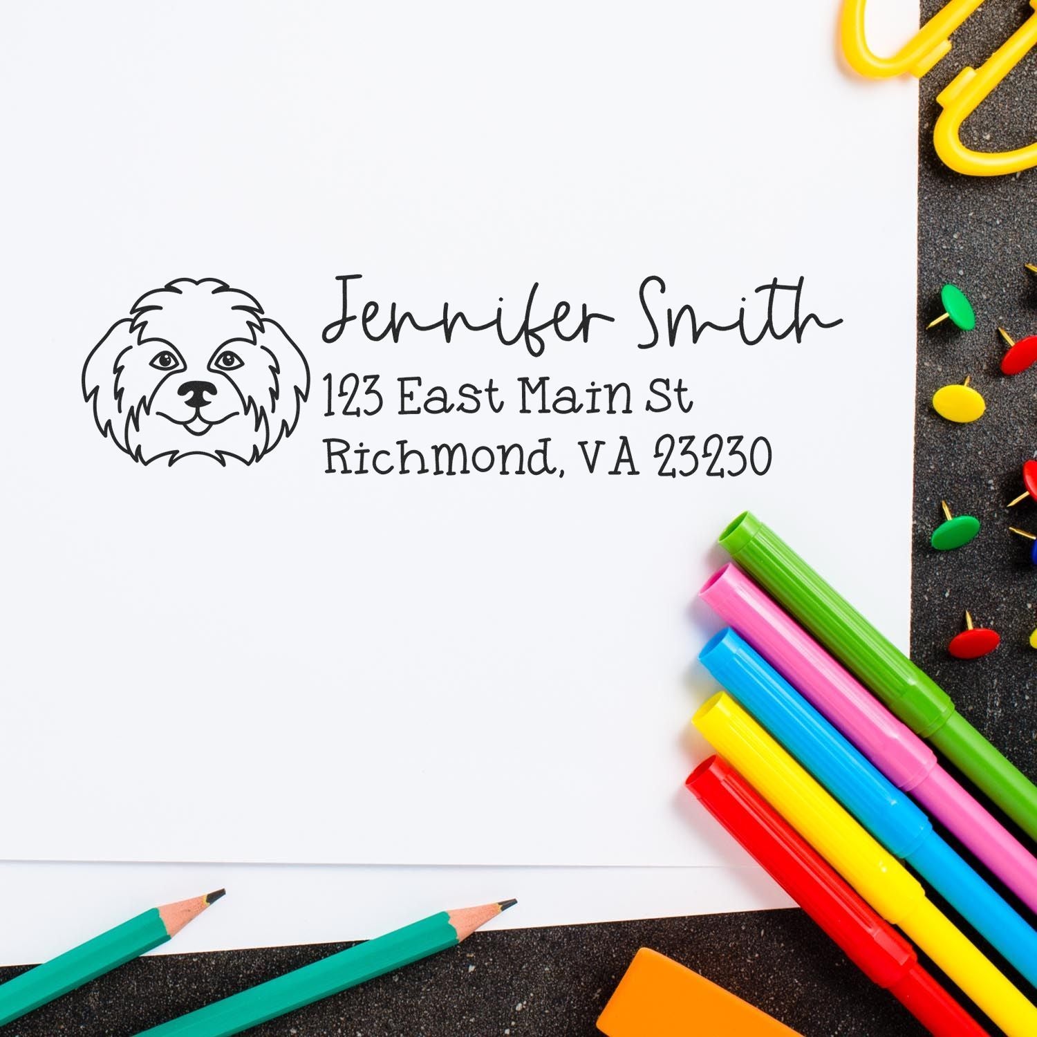 Custom rubber address stamp with dog logo, Jennifer Smith name, and Richmond VA return address.