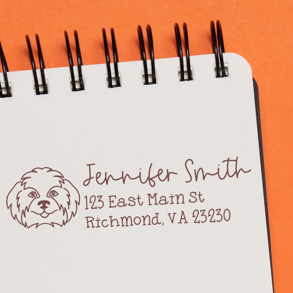 Custom pet return address rubber stamp with dog logo, personalized name and address for mailing and stationery.