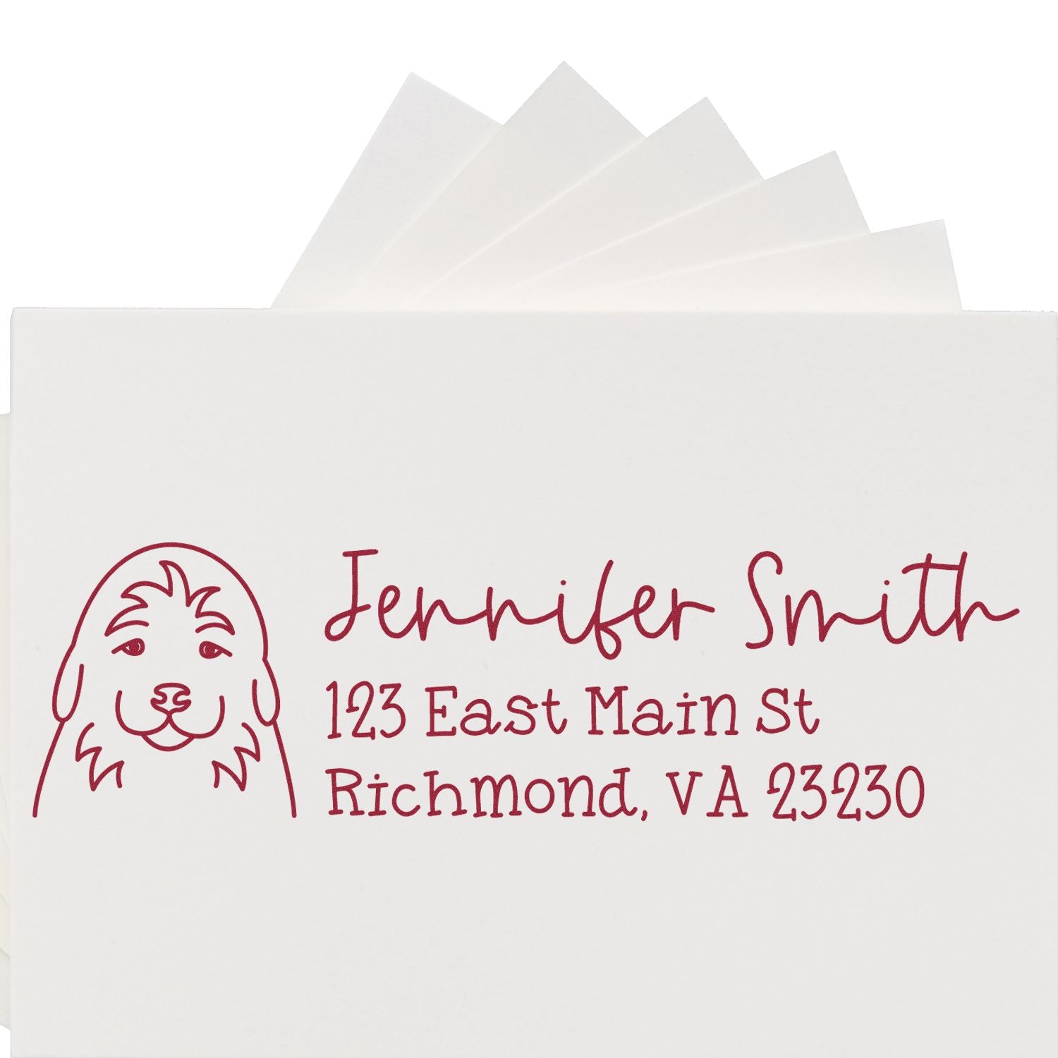Custom return address rubber stamp with dog portrait for Jennifer Smith, 123 East Main St, Richmond, VA 23230