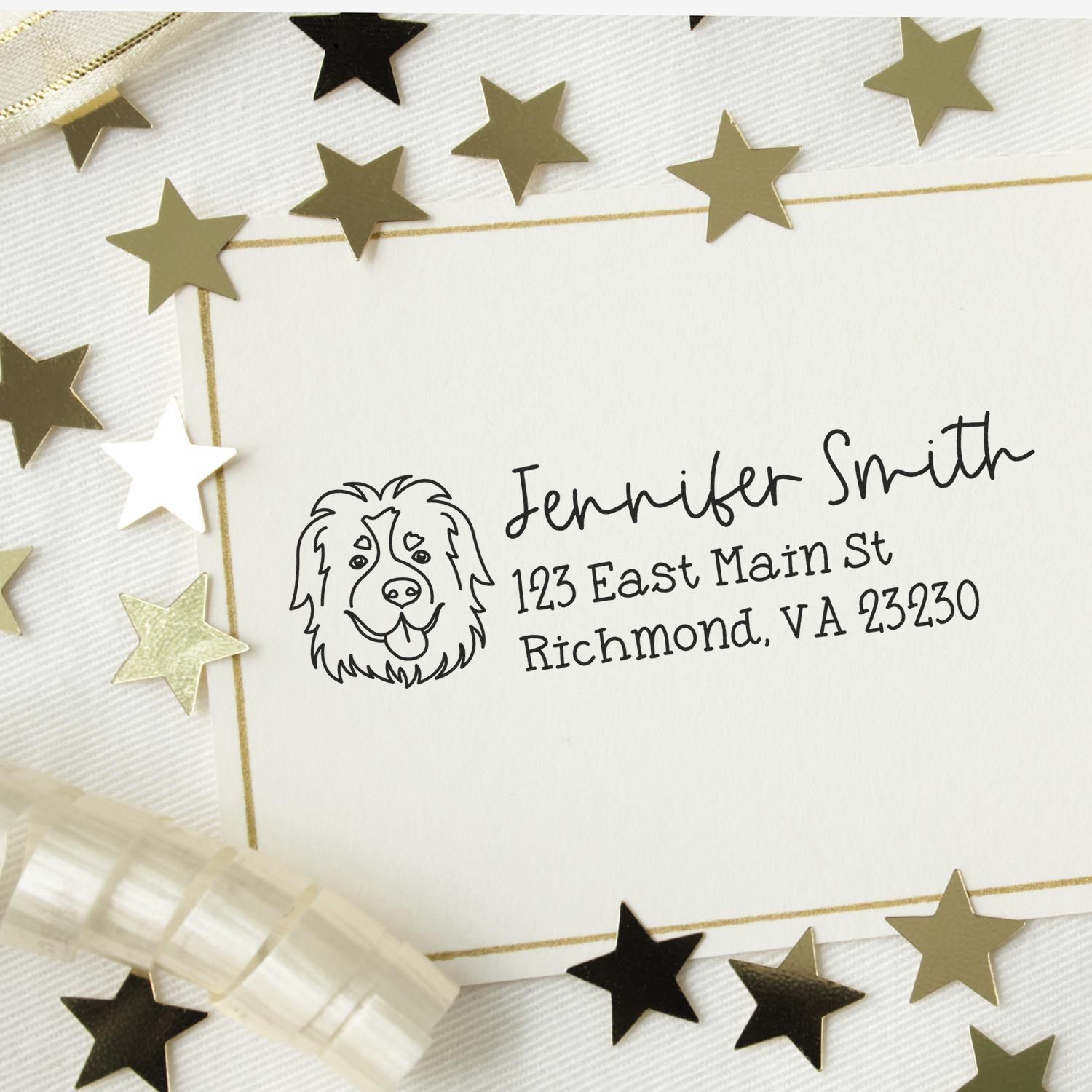 Custom dog return address rubber stamp for Jennifer Smith, featuring a pet portrait and Richmond, VA address.