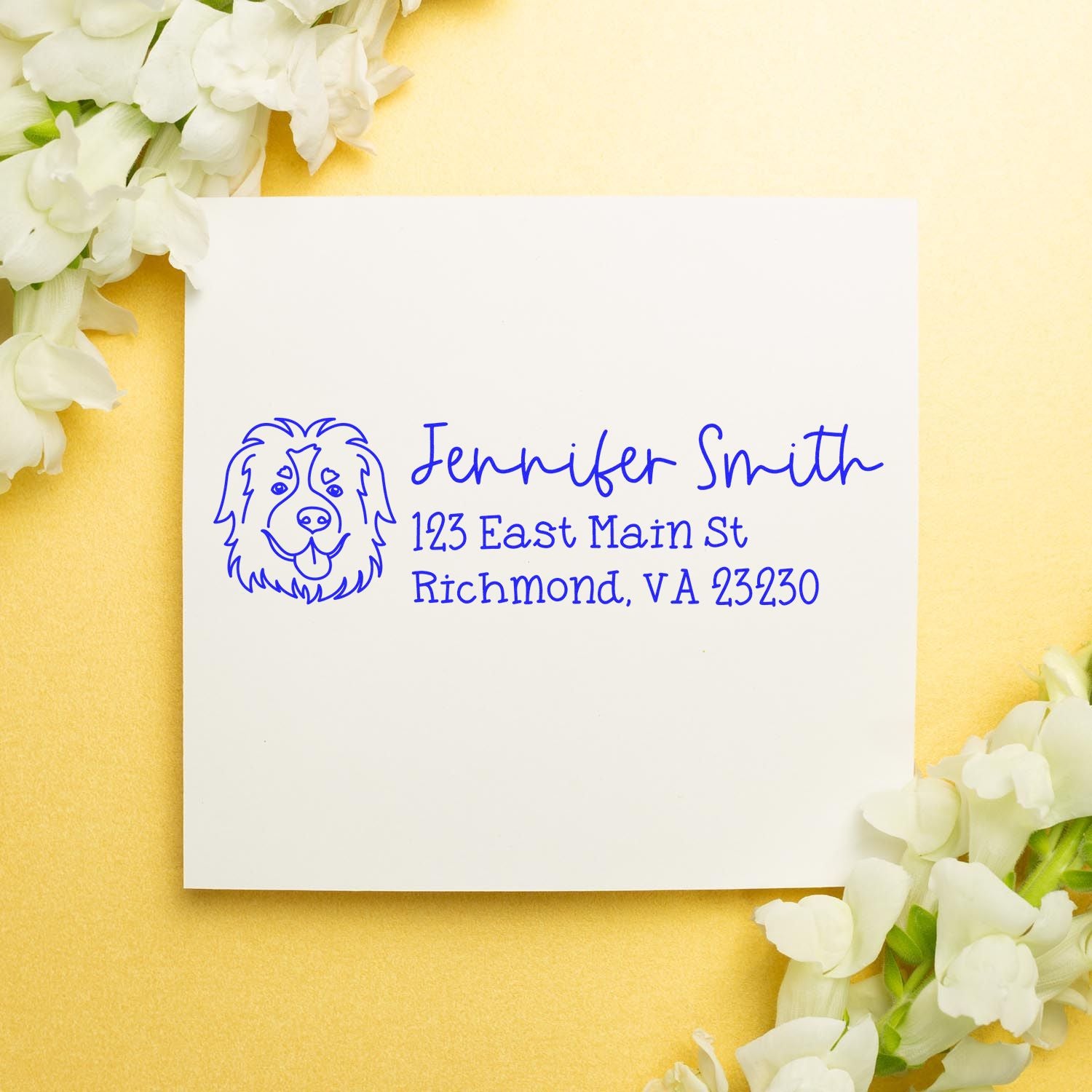 Custom dog return address rubber stamp with personalized name and Richmond, VA address for stationery and envelopes.