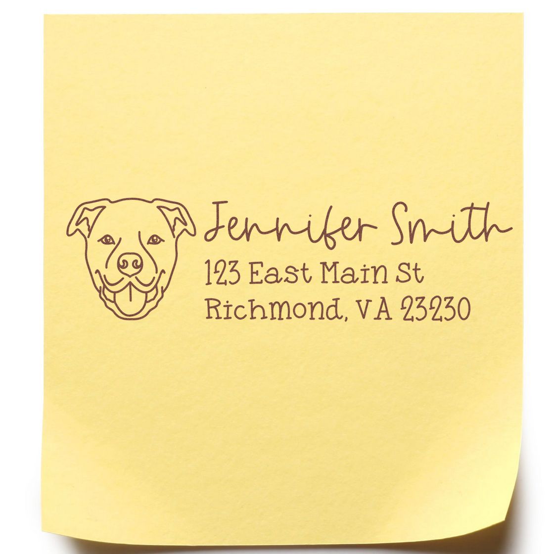 Custom rubber address stamp with dog logo for Jennifer Smith, 123 East Main St, Richmond, VA 23230