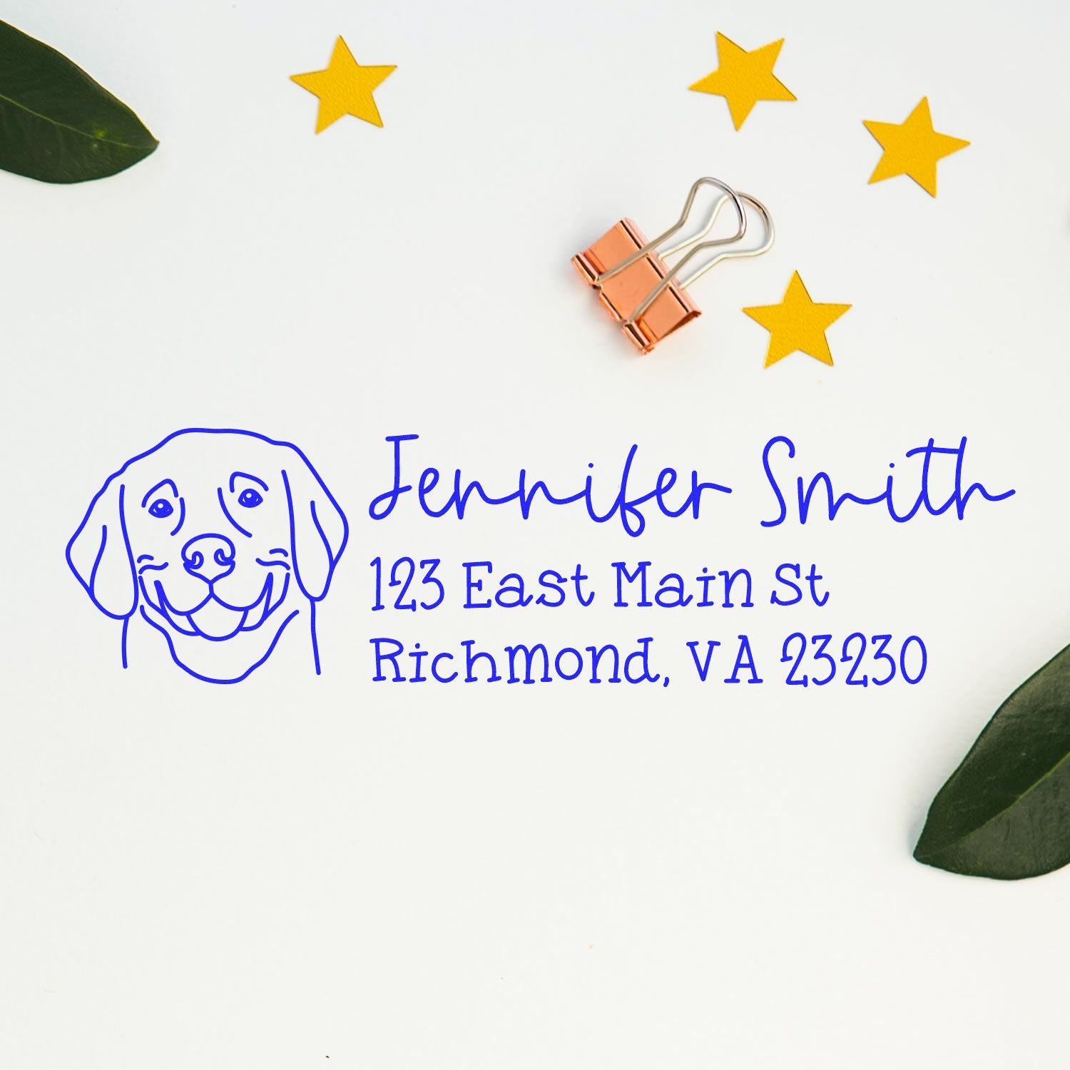 Custom dog return address rubber stamp for Jennifer Smith, 123 East Main St, Richmond, VA 23230.