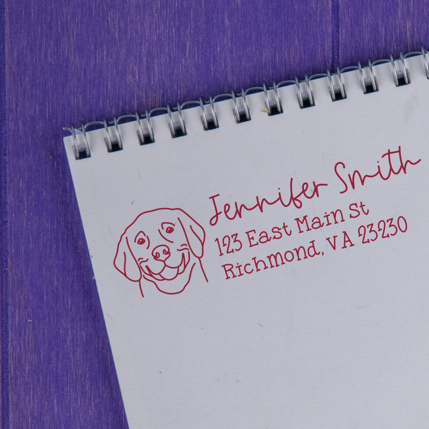 Personalized return address rubber stamp with dog logo for Jennifer Smith, Richmond, VA 23230.