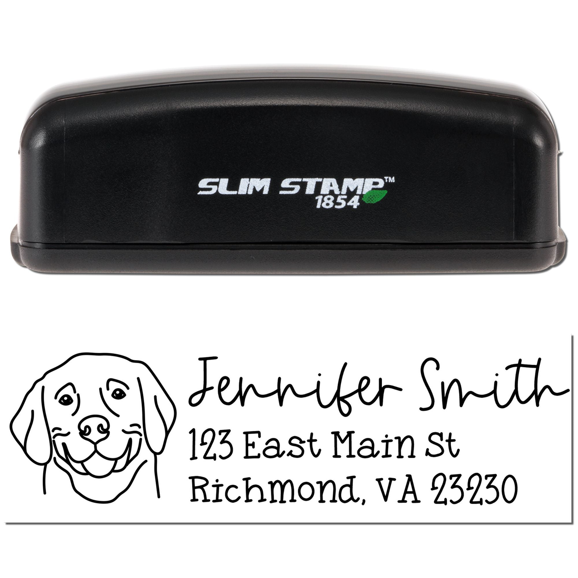 Custom self-inking address rubber stamp with dog illustration, showing Slim Stamp 1854 and sample Jennifer Smith mailing address.