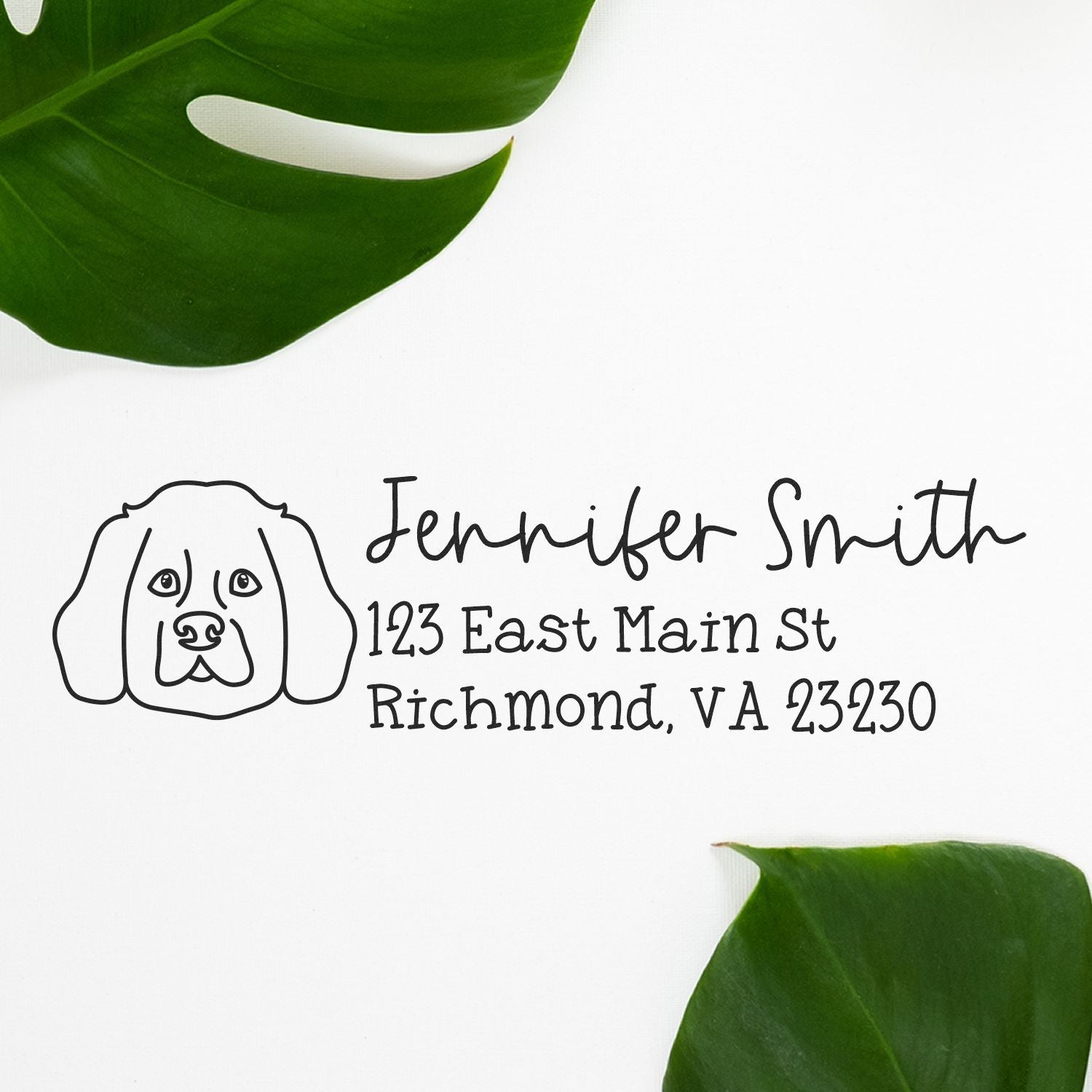Custom dog return address rubber stamp with Jennifer Smith, 123 East Main St, Richmond, VA 23230.