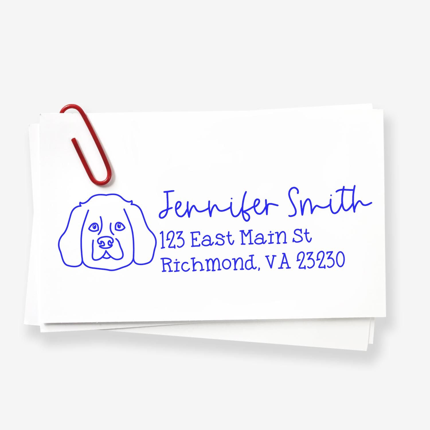 Personalized dog return address rubber stamp for Jennifer Smith, featuring pet portrait and Richmond, VA address.