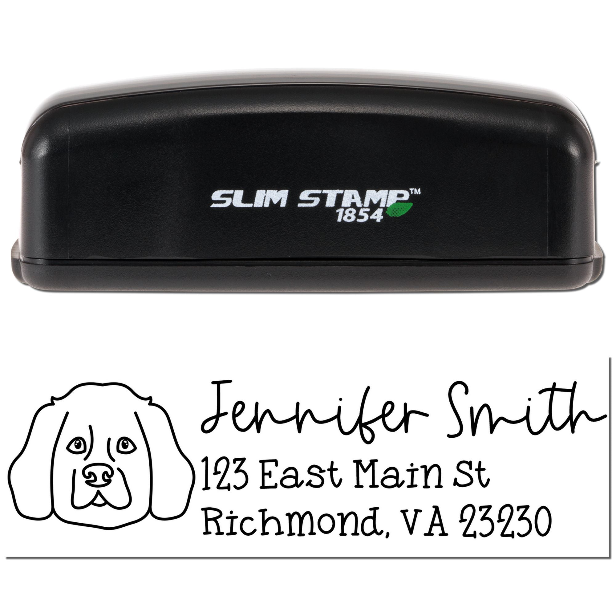 Slim Stamp 1854 custom return address rubber stamp with dog logo for Jennifer Smith, Richmond, VA.