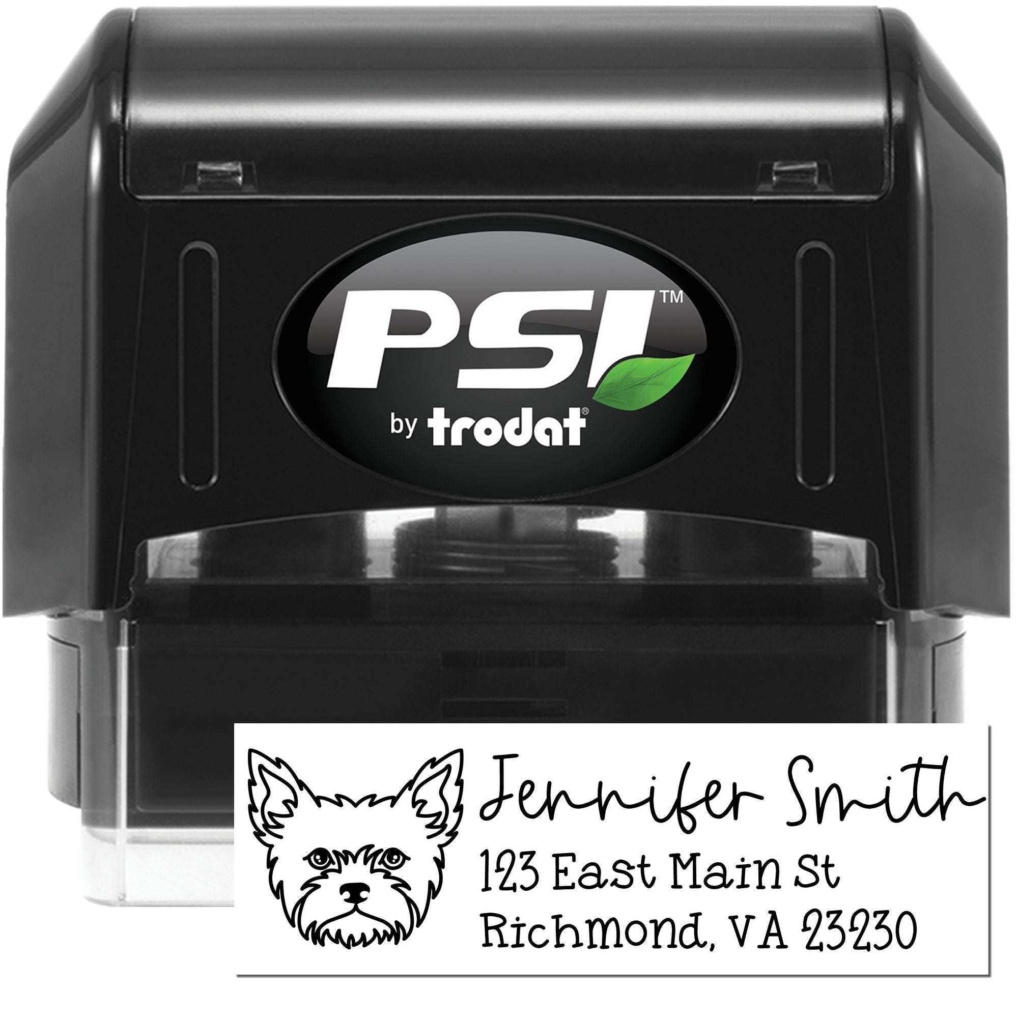 PSI by Trodat custom self-inking address stamp with dog logo and Richmond, VA return address.