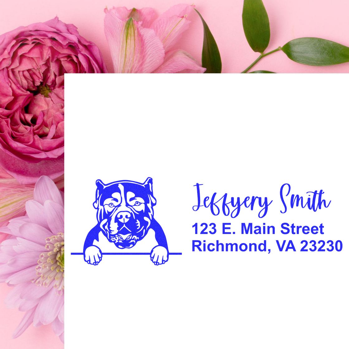 Custom dog address rubber stamp with pit bull design, Jeffrey Smith name, and Richmond, VA return address.